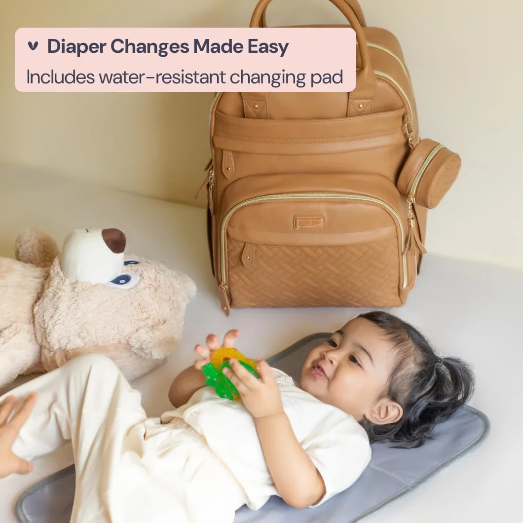 BabbleRoo Leather Diaper Bag Backpack - Baby Essentials Travel Baby Bag, Multi function, Waterproof, with Changing Pad, Stroller Straps & Pacifier Case – Unisex, Light Brown