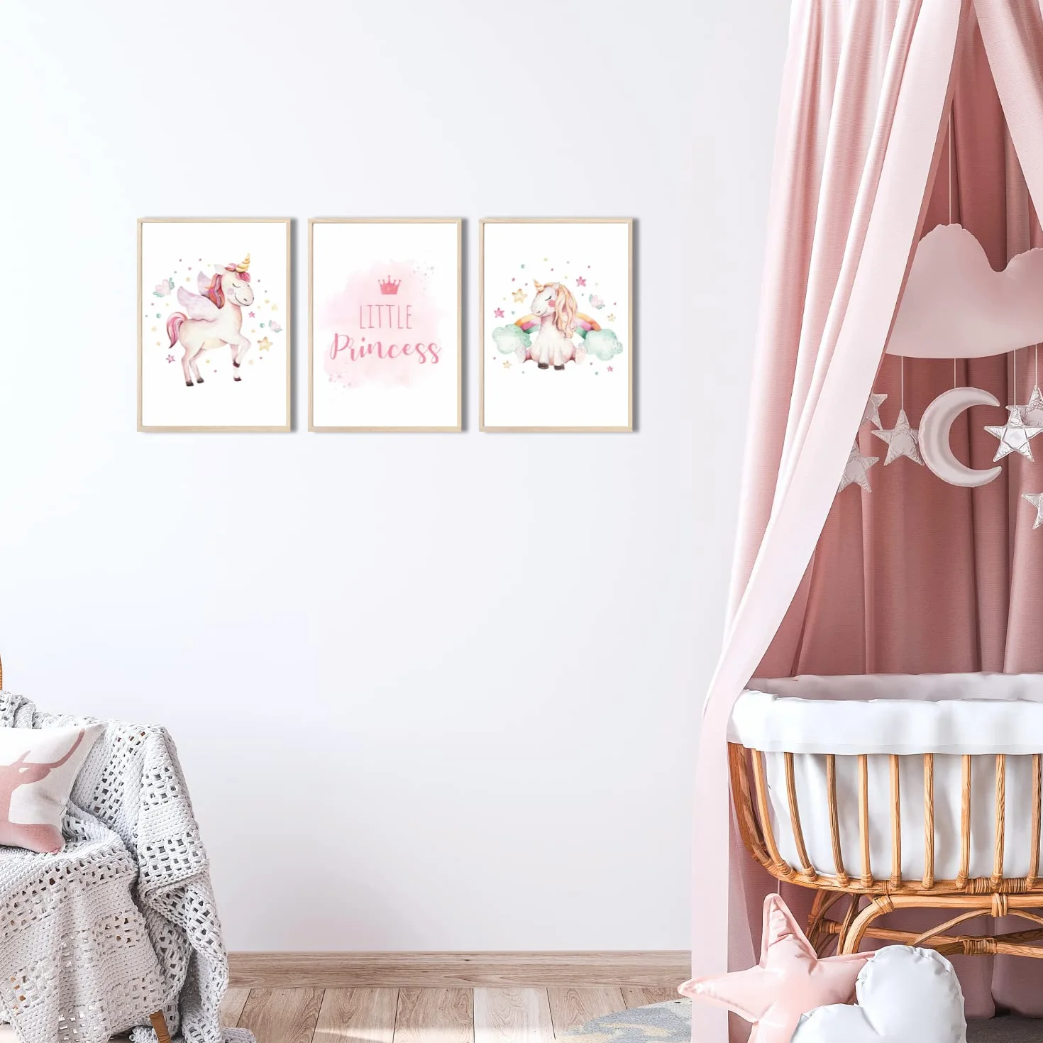 MeinBaby123® Obrazy z jednorożcem do pokoju dziecięcego, 3-częściowy zestaw DIN A4, dekoracja z jednorożcem, prezent dla dziewczynek, dekoracja do pokoju dziecięcego, prezent dla dziewczynek (jednorożec V3)