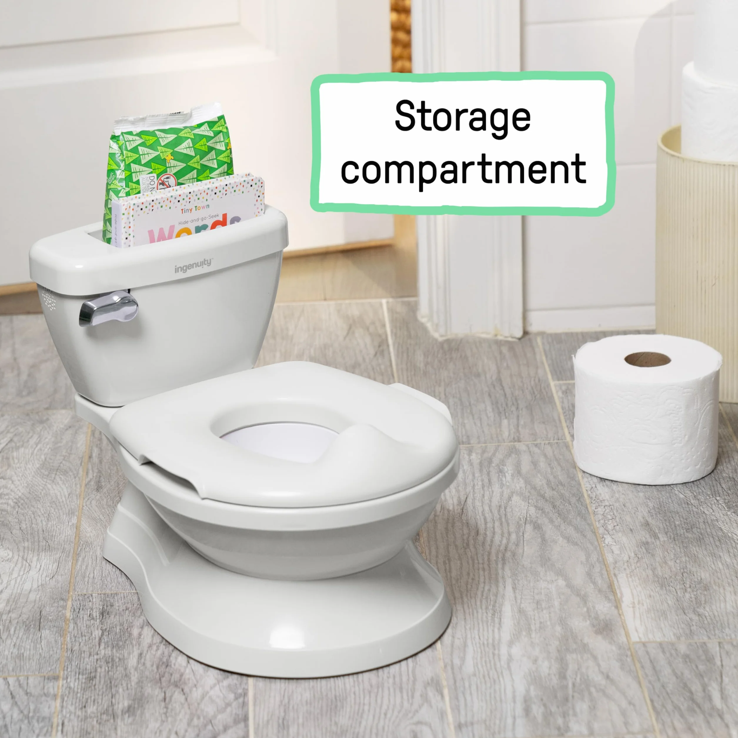 Ingenuity My Size Potty Pro, toaleta do nauki korzystania z nocnika dla niemowląt, realistyczny dźwięk spłukiwania, ochrona przed zachlapaniem, łatwa do czyszczenia, ze zdejmowaną miską