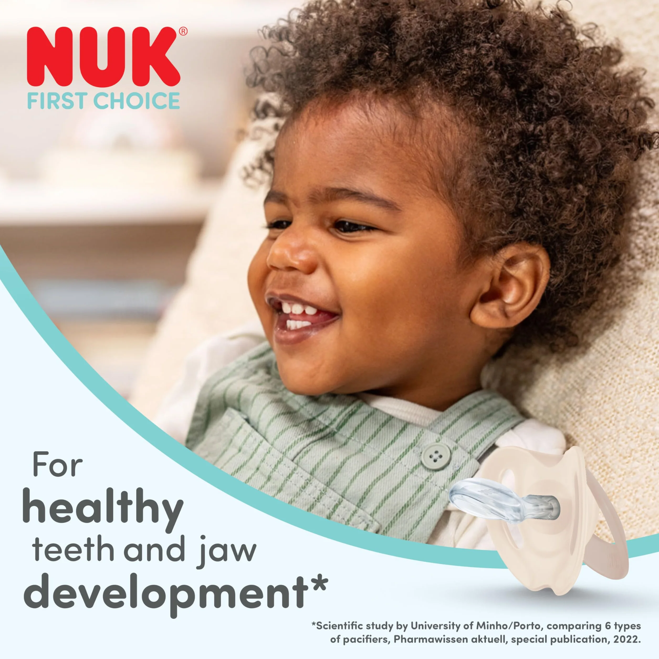 NUK First Choice Smoczki dla niemowląt | 18-36 miesięcy | Ortodontyczne smoczki uspokajające | Uspokajają 99% niemowląt** | Niebieskie | 4 sztuki