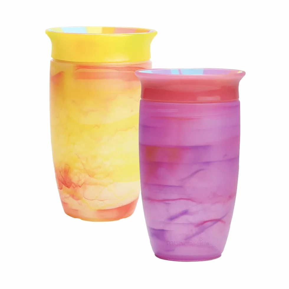 Munchkin Miracle 360 12+ miesięcy 10 uncji Baby Sippy Cups (2 opakowania), kubek treningowy, bez BPA, bez spill, butelka na wodę z łatwymi uchwytami. (różowy/żółty)
