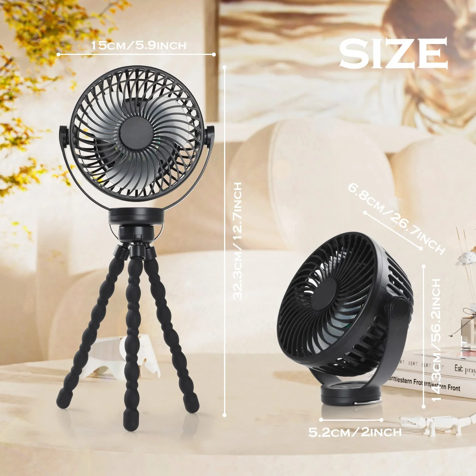 Hianjoo Wentylator do wózka dziecięcego z oświetleniem LED, 5200 mAh, mały wentylator biurkowy, wentylator kempingowy, obracany o 360°, przenośny, do wielokrotnego ładowania, do namiotu, domu, biura