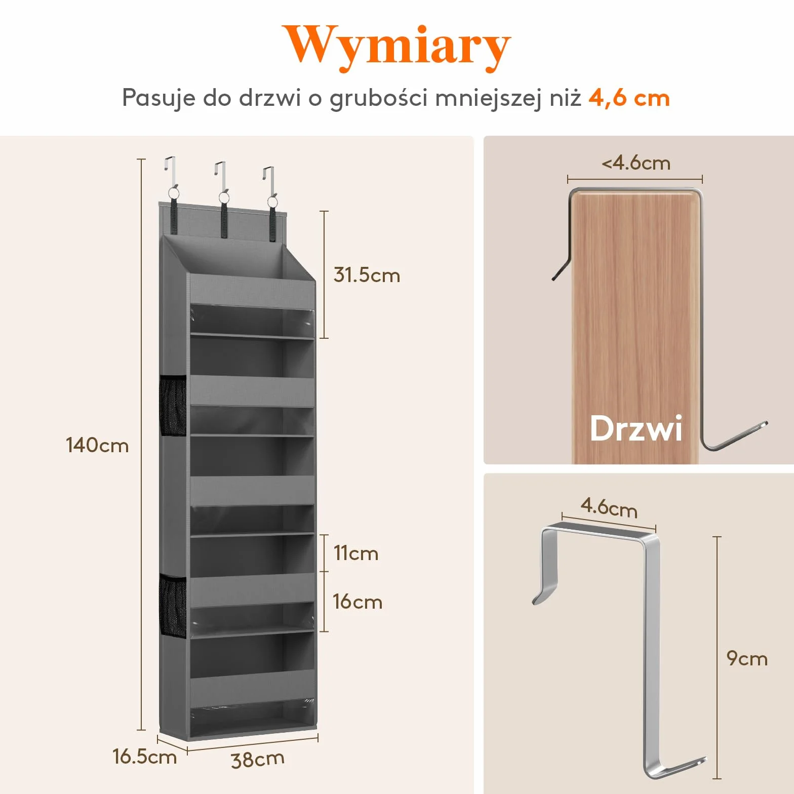 Lifewit 5-półkowy organizator nad drzwiami, przechowywanie wiszące z 4 kieszeniami bocznymi z siatką, anty-wywracanie, obciążenie 18 kg, do spiżarni/przedszkola/sypialni/dormitorium, 2 opakowania