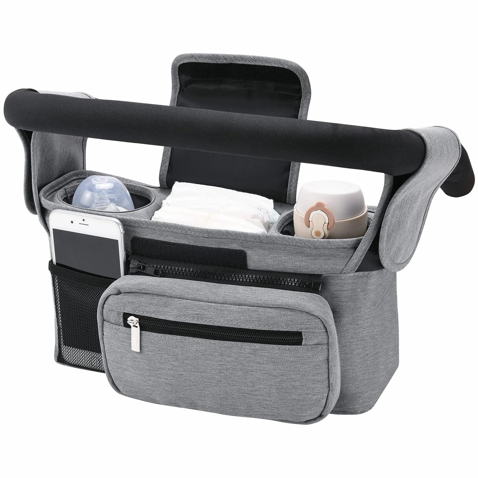 Momcozy Organizer do wózka dziecięcego, wielofunkcyjny, z odpinaną kieszenią, kieszenią na telefon komórkowy, 2 uchwyty na kubki i pasek na ramię, organizer do wózka dziecięcego