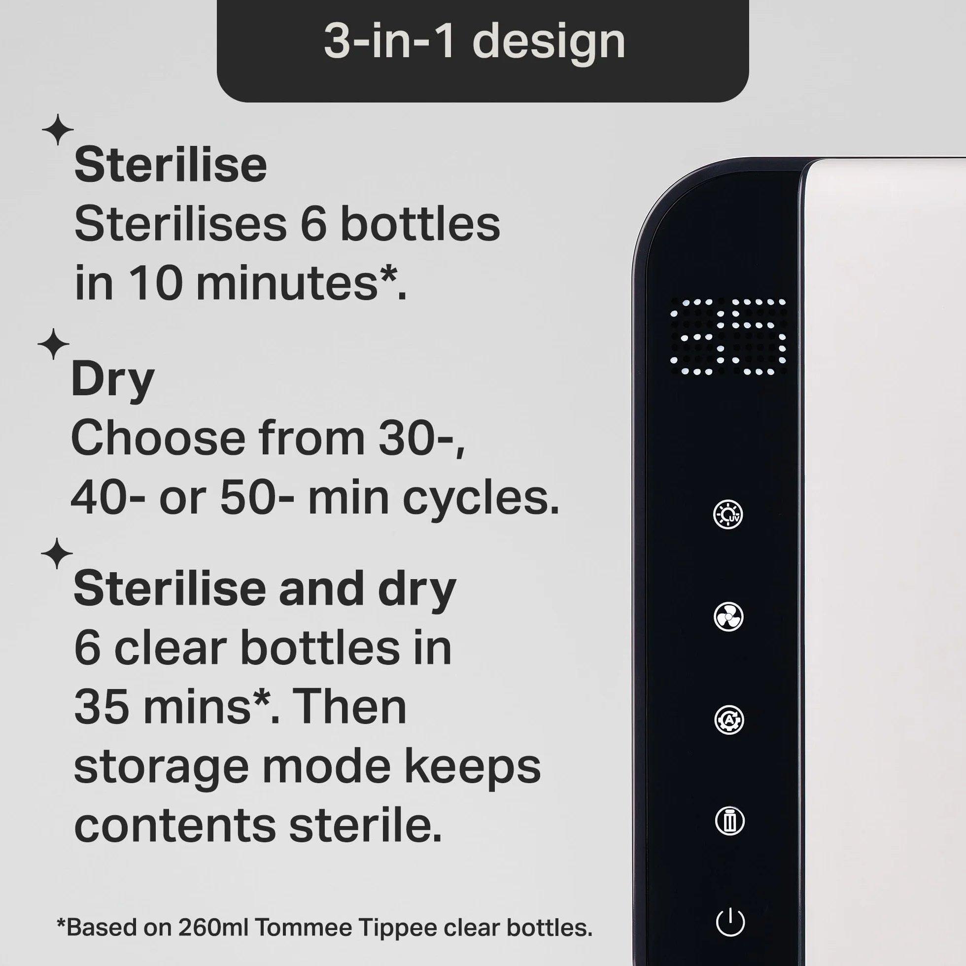 Tommee Tippee UV 3-in-1 Steriliser and Dryer for Baby Bottles and Accessories, Kills 99.9% of Bacteria and Viruses*, Steam and Water Free, White
