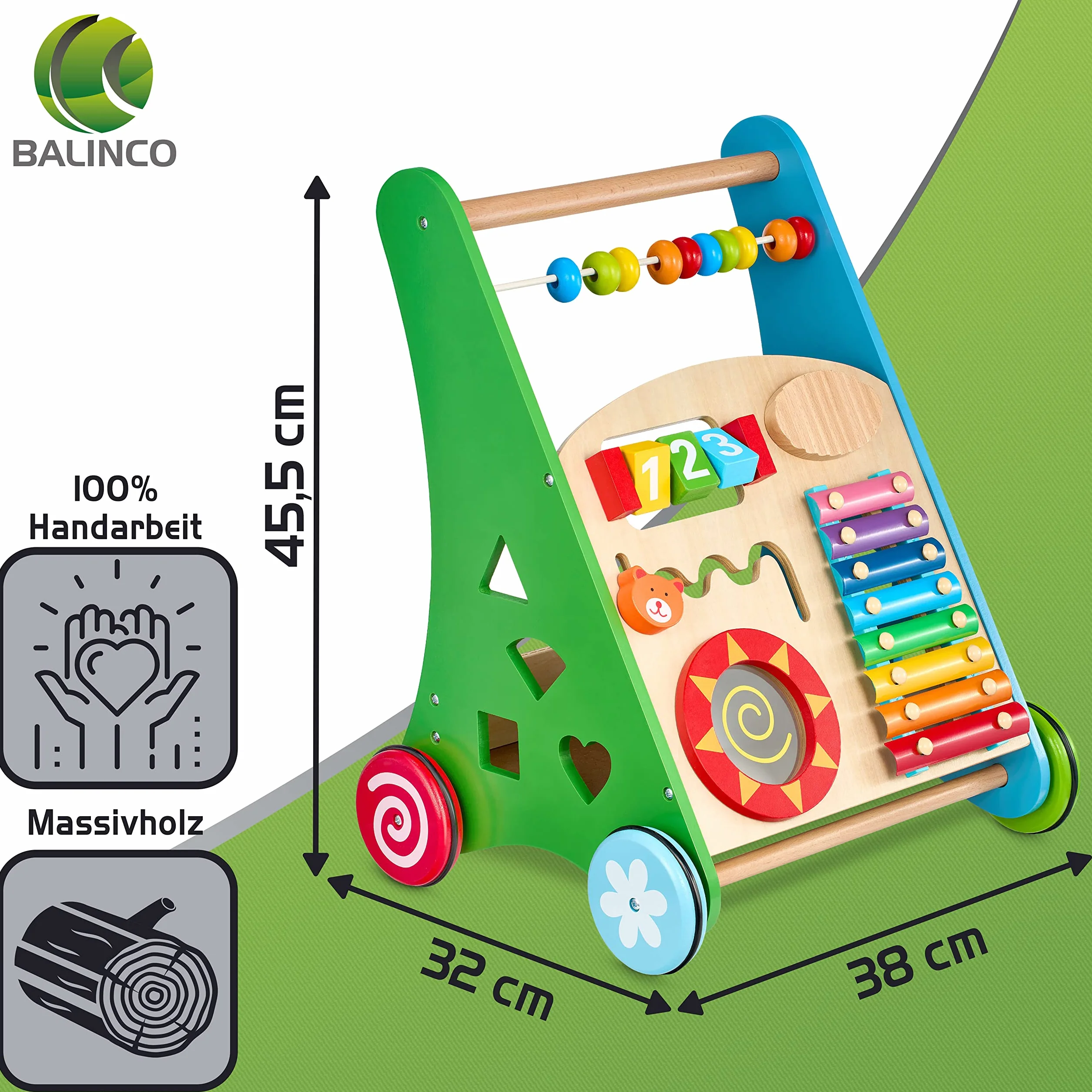 Balinco LEARNING WAGON WOOD, 3 w 1, zabawka edukacyjna + zabawka muzyczna + chodzik dla dziecka od 6 miesicy