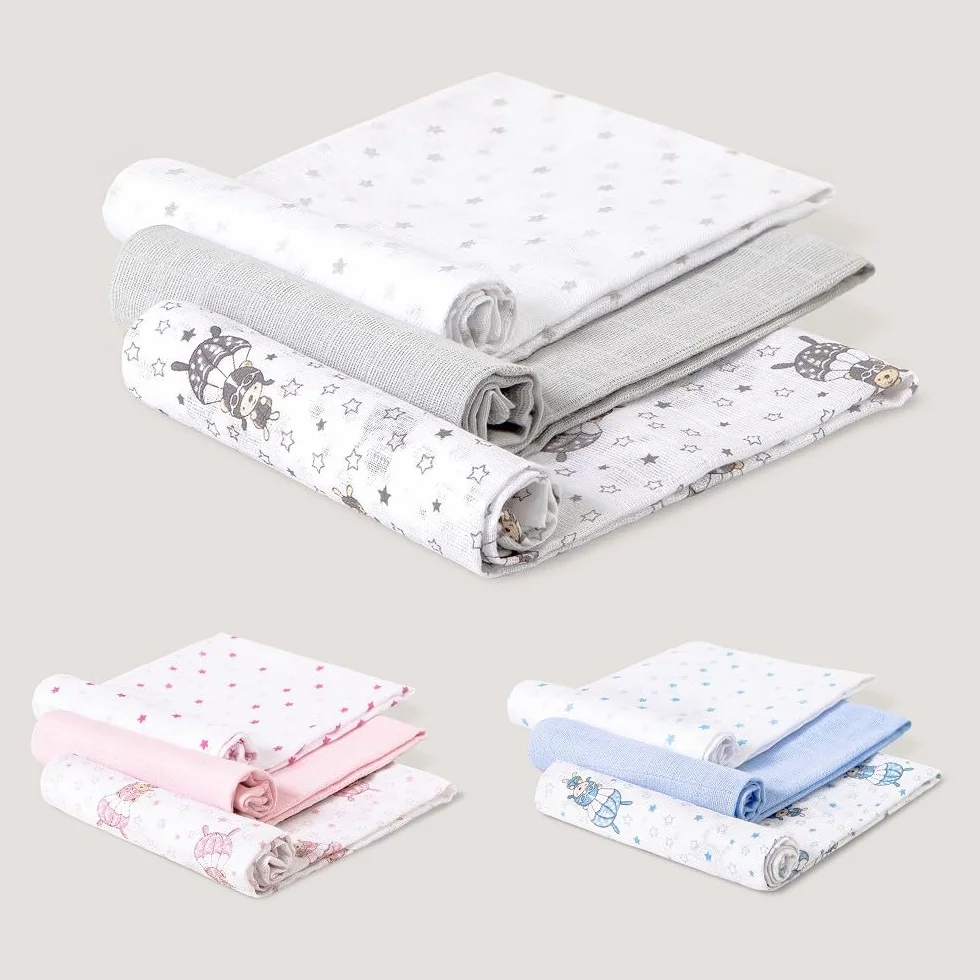 Interbaby Muślin Bawełna dla niemowląt 80 x 80 cm | Zestaw 3 gaz dla noworodków, karmienia piersią, ręcznik, koc | Muśliny dla niemowląt Wygodne, miękkie, oddychające | Szary wzór spadochroniarza
