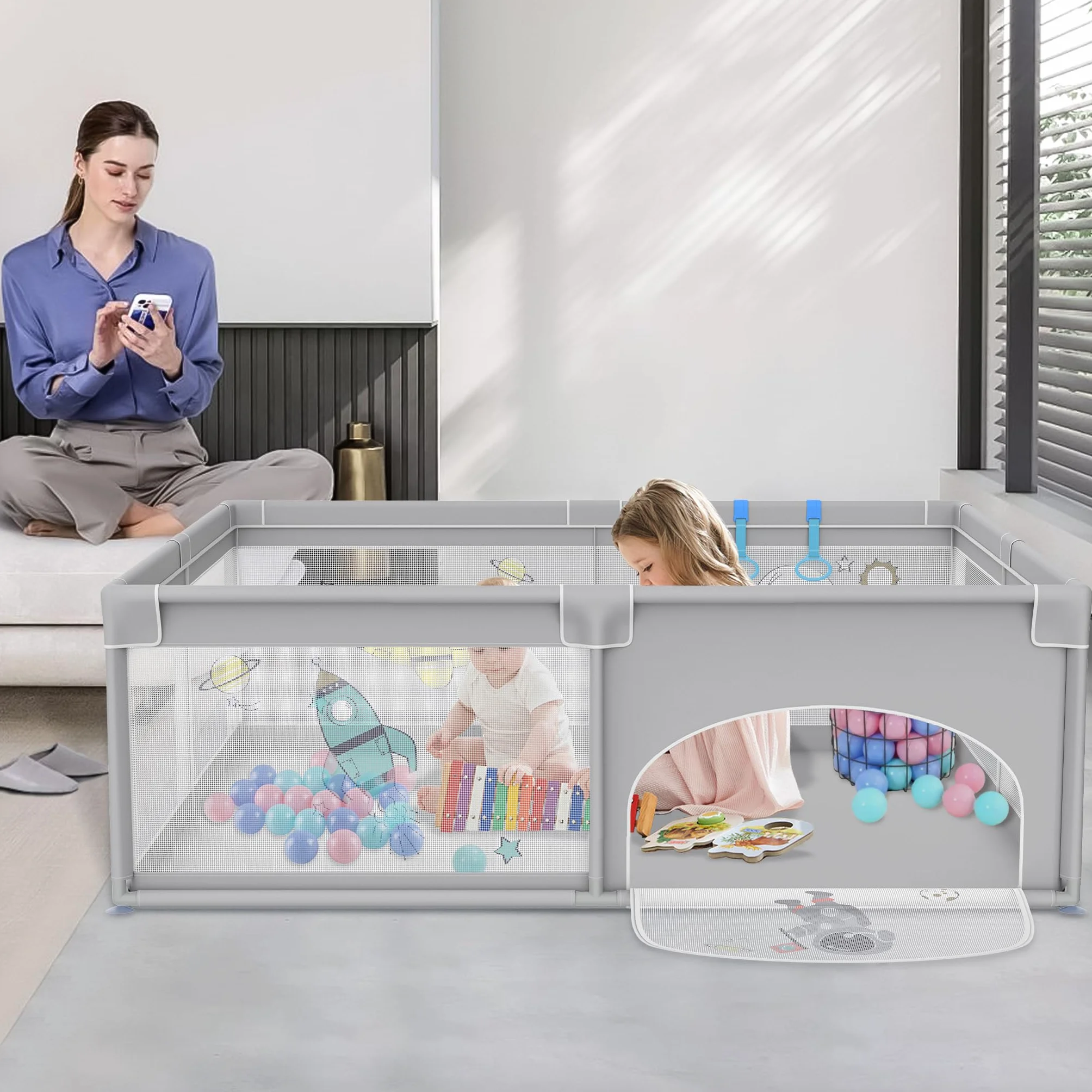 UISEBRT Kojec dla niemowląt 180 x 200 cm, kojec dla niemowląt z 50 piłkami oceanu i 4 pierścieniami pociągowymi i torbą do przenoszenia, składany namiot do kojca z oddychającą siatką dla dzieci, szary