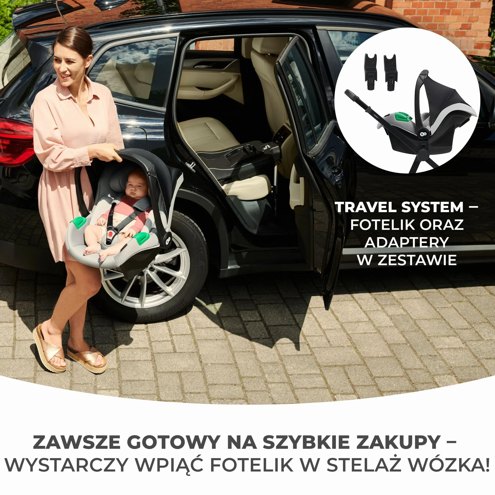 Kinderkraft NEWLY 3w1, wielofunkcyjny wózek dziecięcy, Travel System, funkcja spacerówki, fotelik samochodowy, akcesoria, regulacja oparcia, filtr UPF50+, lekki, od urodzenia do 22 kg, szary