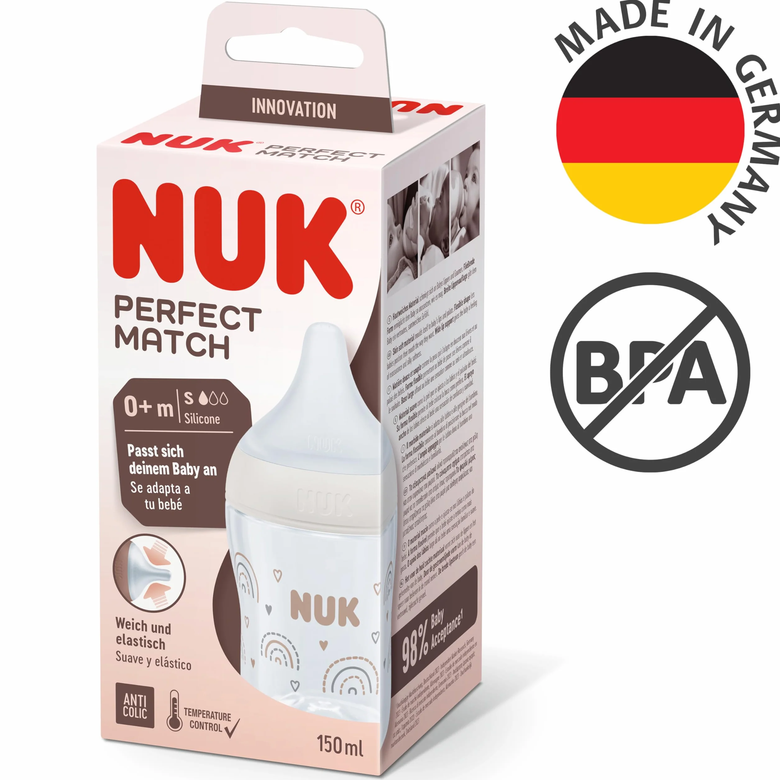 Butelka dla niemowląt NUK Perfect Match | 0+ miesięcy | Pasuje do podniebienia dziecka | Kontrola temperatury | Odpowietrznik antykolkowy | 150 ml | Bez BPA | Silikonowy smoczek S | Tęcza