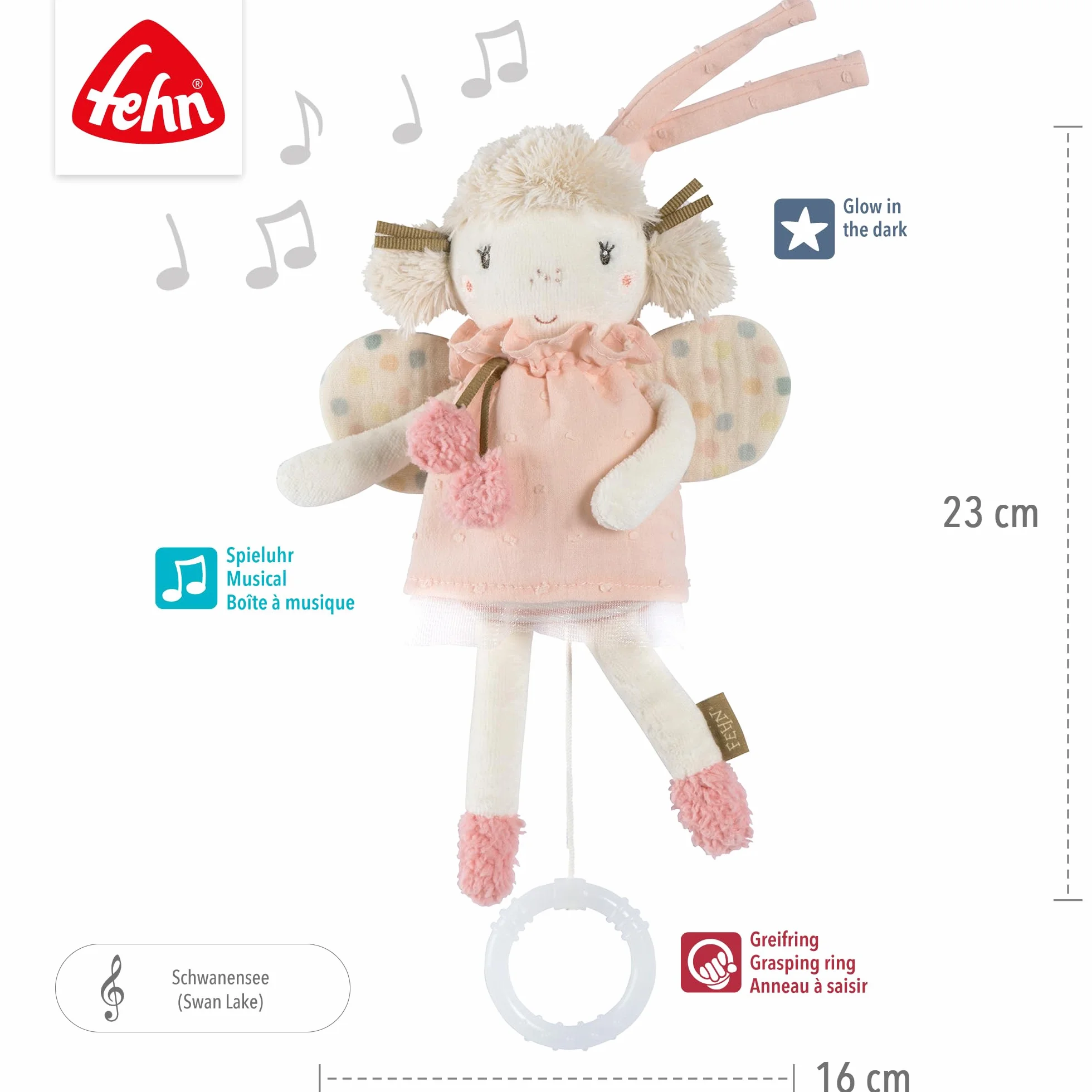 Fehn Mini-Spieluhr Fee – Kuscheltier & Einschlafhilfe: Aufzieh-Spieluhr mit sanfter Melodie „Schwanensee“ beruhigt in jeder Situation – für Babys und Kleinkinder ab 0+ Monaten