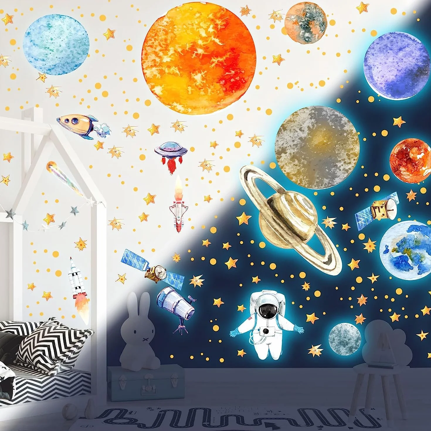 Naklei do ścian, świecące naklejki 9 planet, świecące gwiazdy, astronauta, planety, świecące naklejki, tatuaż ścienny, świecące gwiazdy, układ słoneczny, fluorescencyjne naklejki ścienne, dekoracyjne