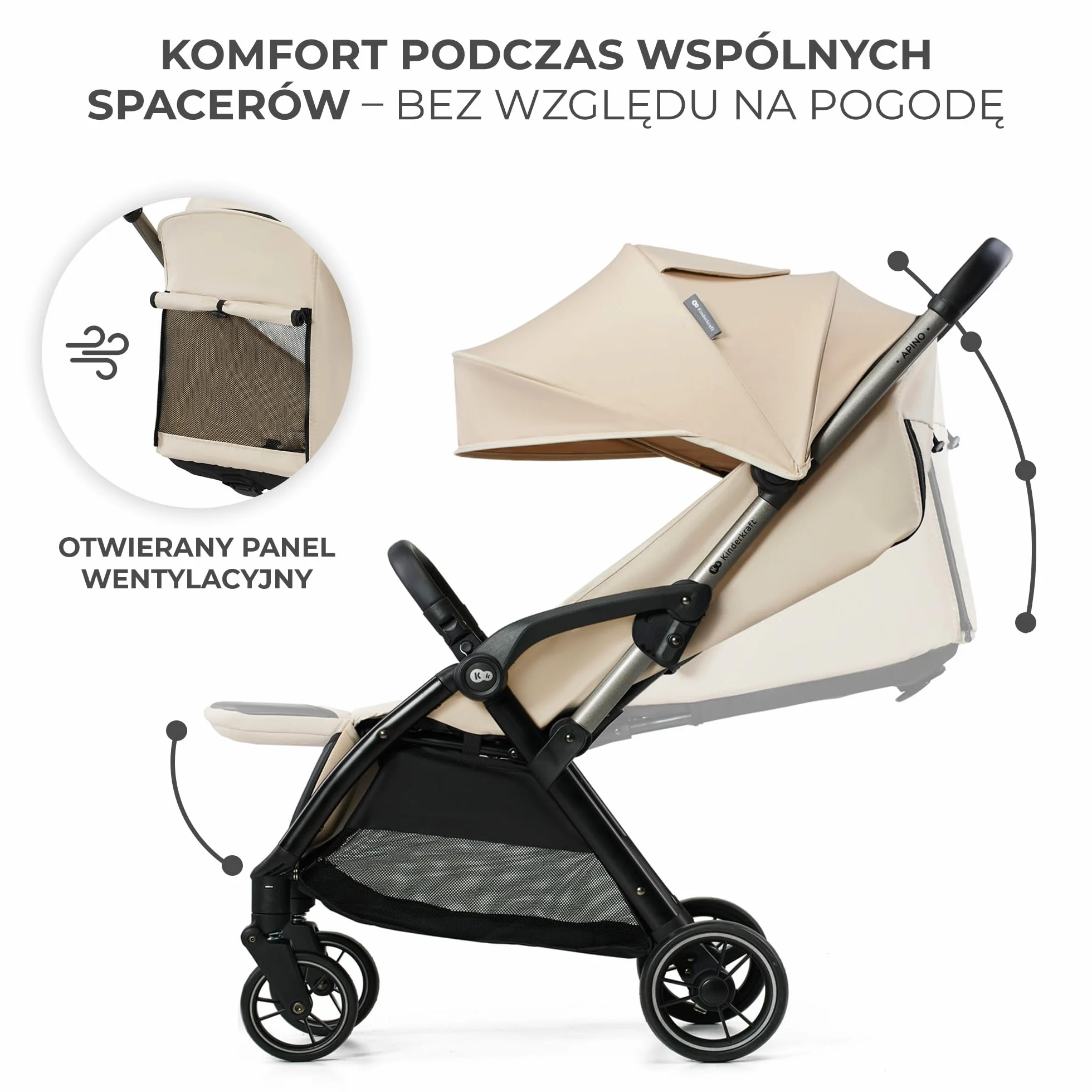 Kinderkraft APINO Lekka Spacerówka, Wózek dziecięcy, Idealny na podróż, AUTO FOLDING, Składany, Kompaktowy, Lekki, Tylko 7,5kg, Wodoodporna budka, Regulacja oparcia, obciążenie do 24kg, Beżowy