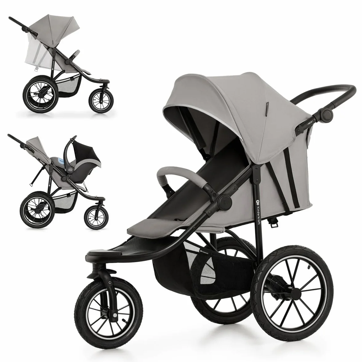 Kinderkraft HELSI 2 wózek dziecięcy z dużymi oponami pneumatycznymi, funkcja leżenia, regulowany uchwyt rodzica, składany, kosz pod siedzeniem, szary