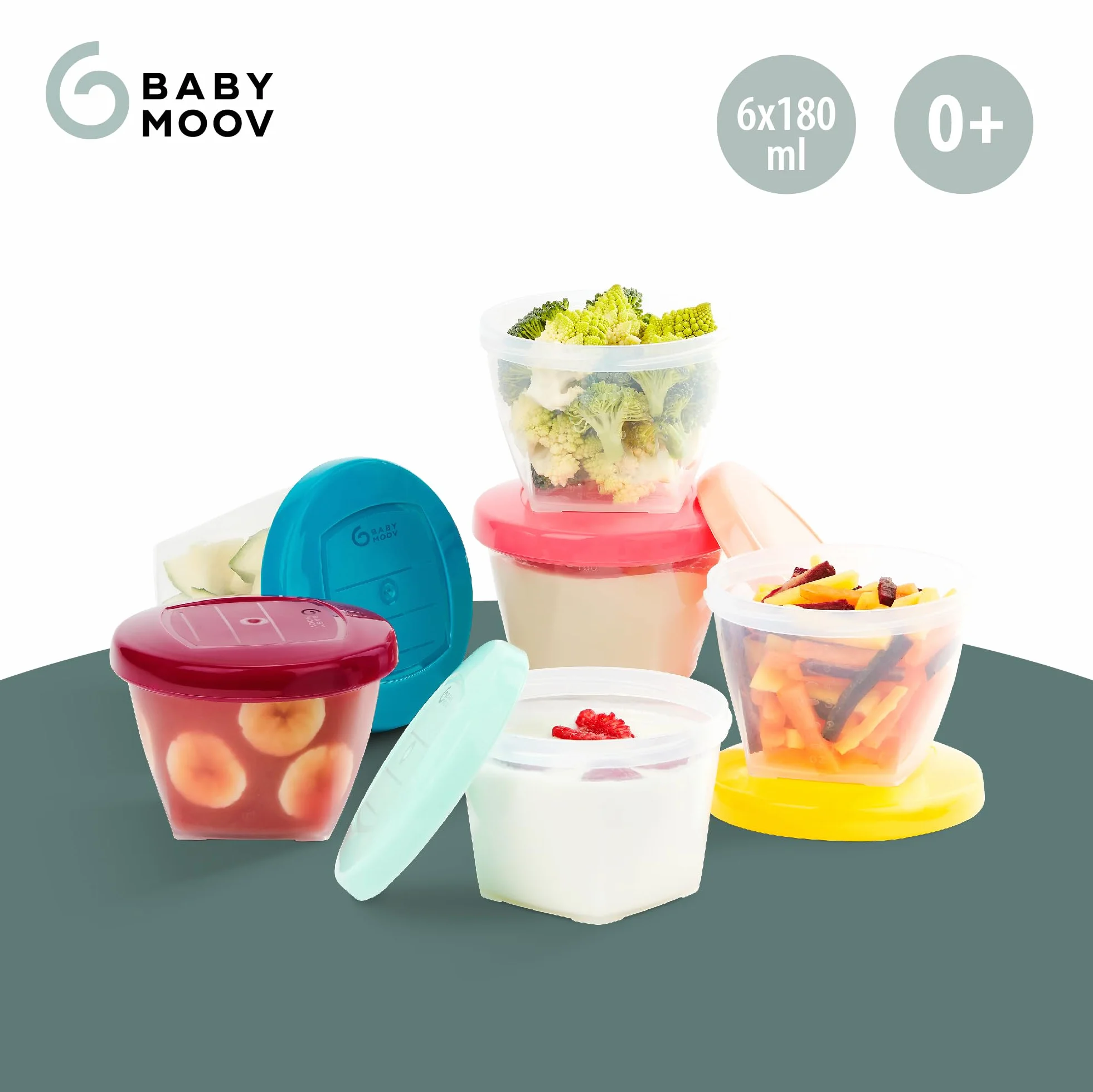 Babymoov A004308 Hermetyczne Pojemniki do Przechowywania Żywności dla Niemowląt, 6 x 180 ml, Wielokolorowe