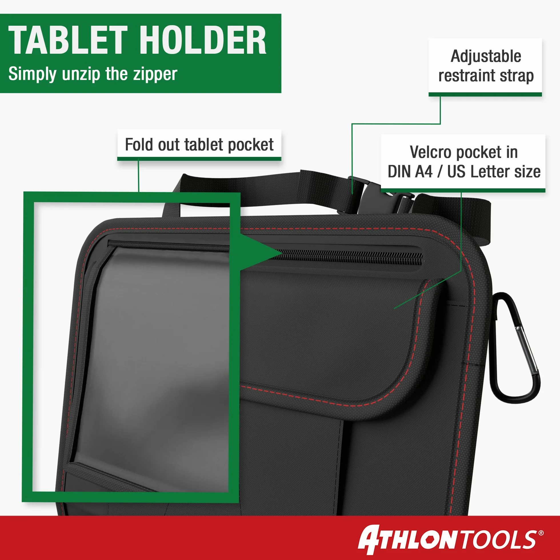 ATHLON TOOLS Najstabilniejszy organizer na fotel samochodowy z uchwytem na tablet, wzmocniony tył, bezpieczny dla żywności, z dodatkowym piórnikiem, biznesowy / dla dzieci, zaprojektowany w Hamburgu