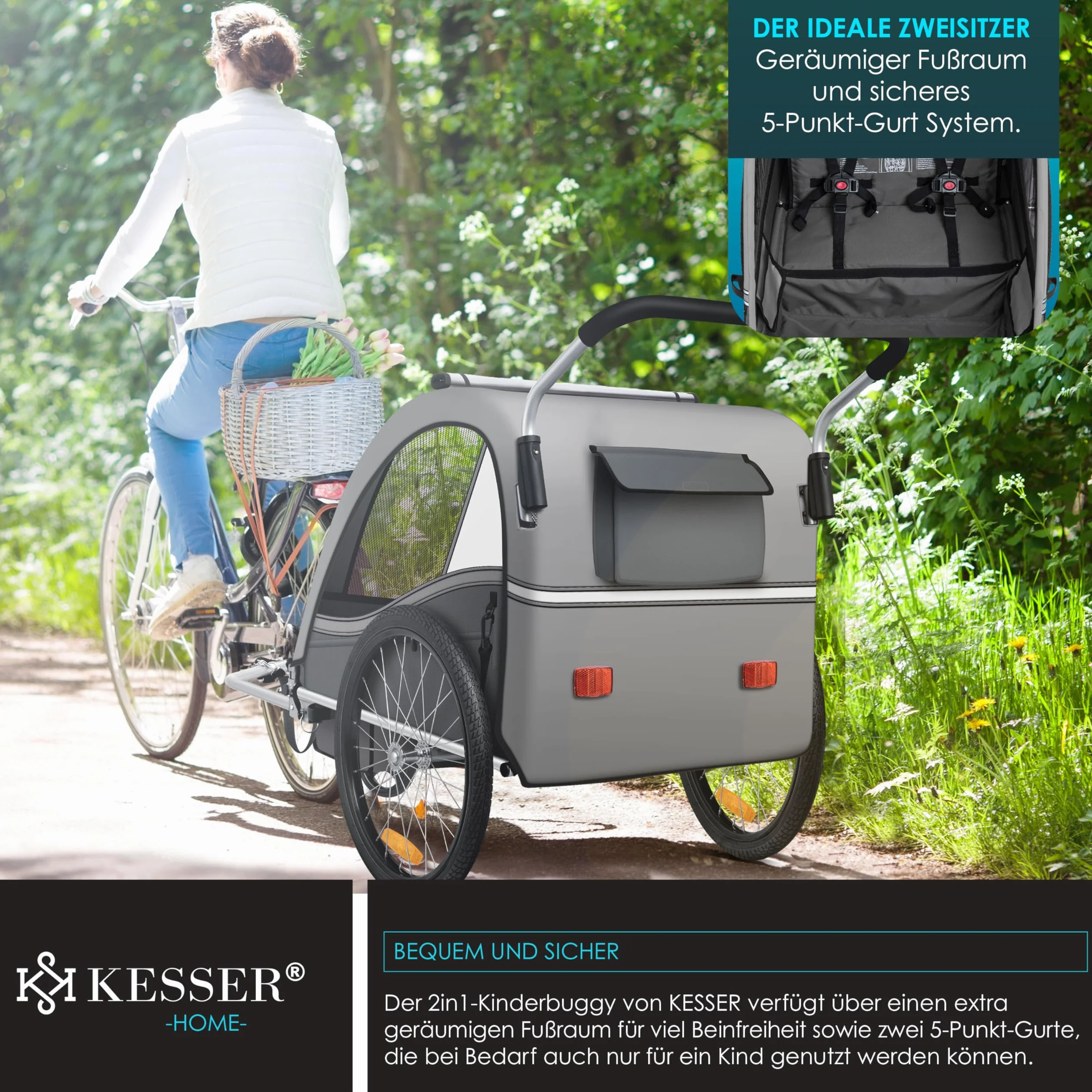 KESSER® Sport-RX 2 w 1 Przyczepka rowerowa dla dzieci, z funkcją jogger, 5-punktowy pas bezpieczeństwa, przednie koło obracane o 360º, spacerówka, dla 1-2 dzieci, maks. 40 kg