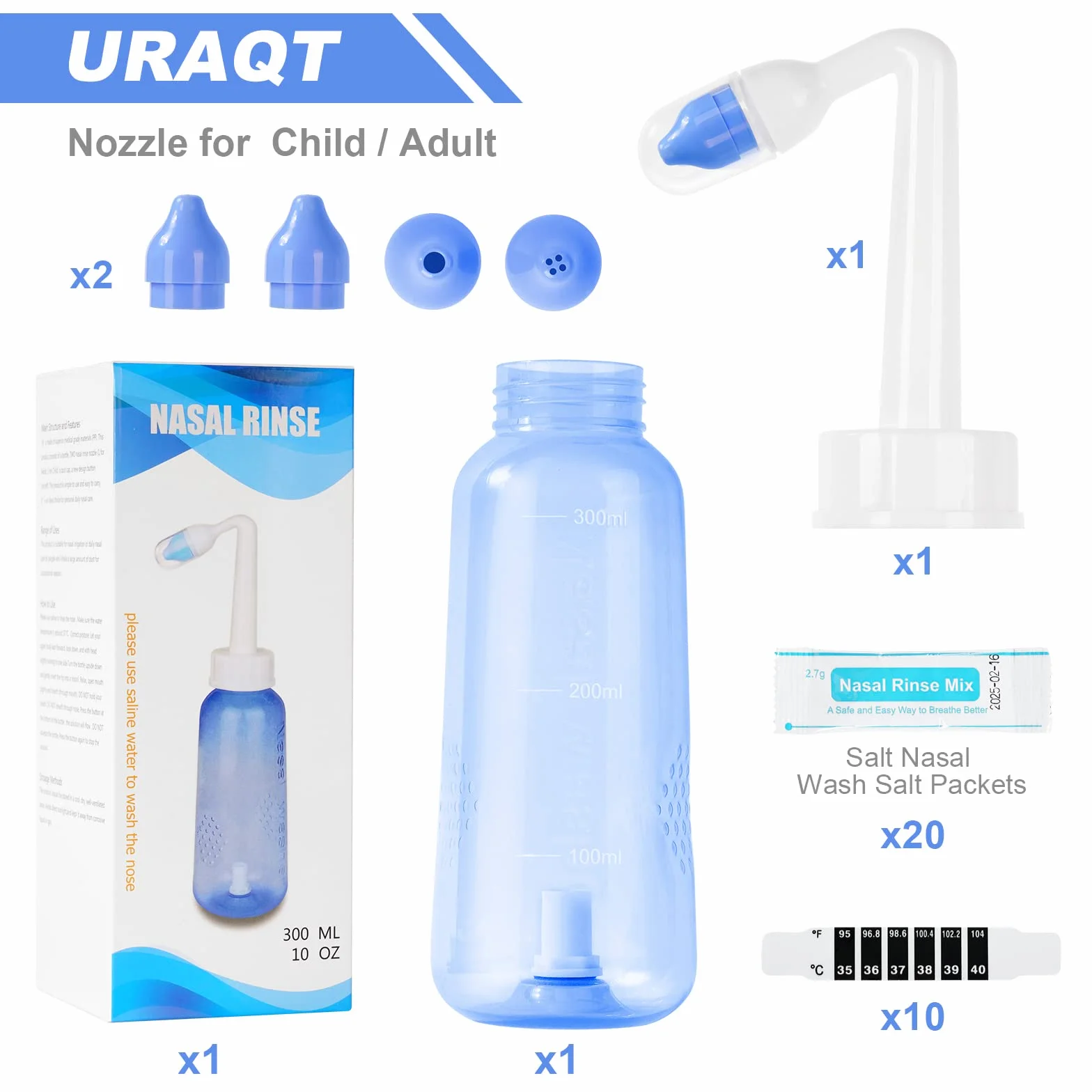URAQT Neti Pot, zestaw do płukania nosa Płyn do płukania nosa, butelka do płukania zatok 300 ml z 20 saszetkami soli do płukania nosa i 10 naklejkami na termometrze, ciśnieniowa płukanka do płukania nosa dla niemowląt i dzieci Nie zawiera BPA