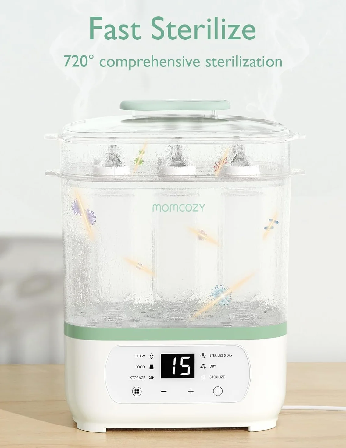 Momcozy Elektryczny sterylizator parowy 3-w-1 dla butelek dla niemowląt – sterylizuje, suszy i podgrzewa z 99,9% bakteriobójczymi właściwościami, pojemność na 8 butelek, 24-godzinny schutz przed