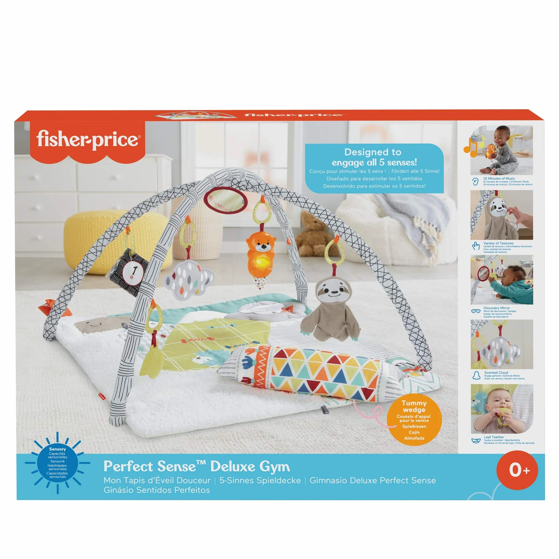 Fisher-Price Hbb74-5 Zmysłowa Mata do Zabawy dla Niemowlaka, Miękka Mata do Raczkowania z Zabawkami Sensorycznymi, Sześć Wyjmowanych Zabawek Aktywizujących, Wyposażenie Niemowlaka od Urodzenia