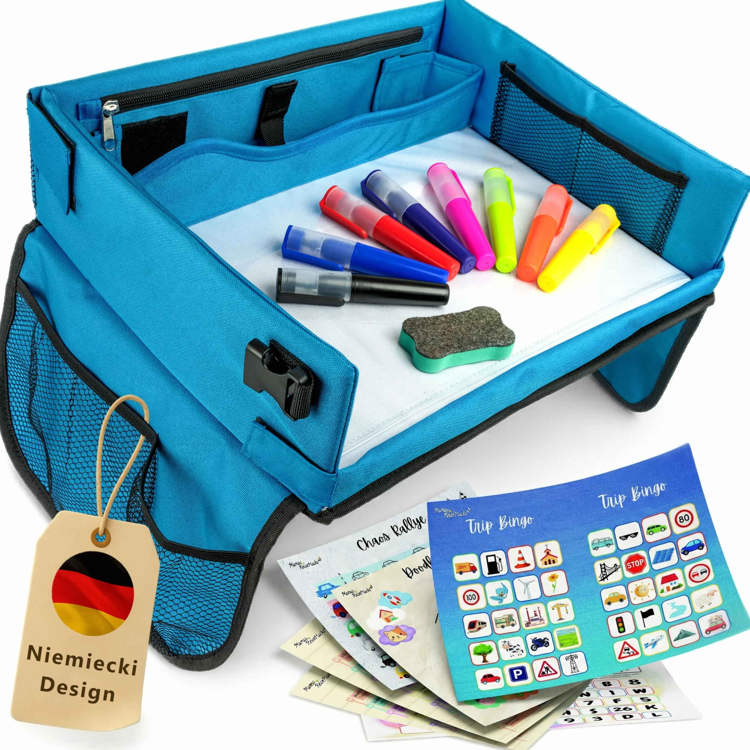 Mamas Reise Hacks Stół podróżny do samochodu dla dzieci – [ze stoperem na tablet i grą samochodową] na tylne siedzenie i jazdę samochodem – stolik dziecięcy, stolik do zabawy, taca na kolana