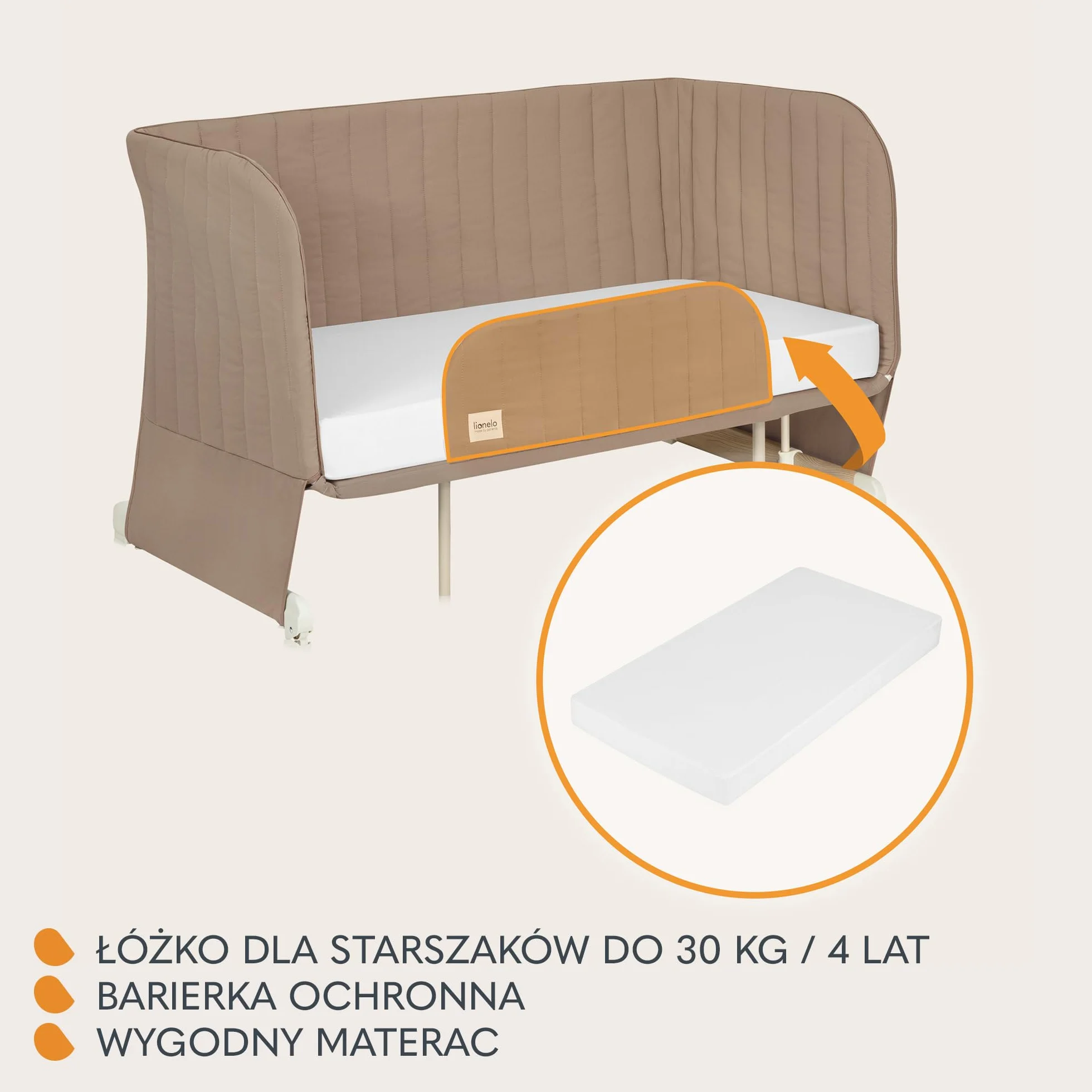 LIONELO THOMI PLUS 5 w 1 Dziecięce Łóżeczko Wolnostojące, Dostawne do 9kg, dla Starszego Dziecka do 30 kg, Kojec do 15 kg, Sofa do 100 kg Regulacja Wysokości, 2 Koła, Otwierany Bok (Carmel)