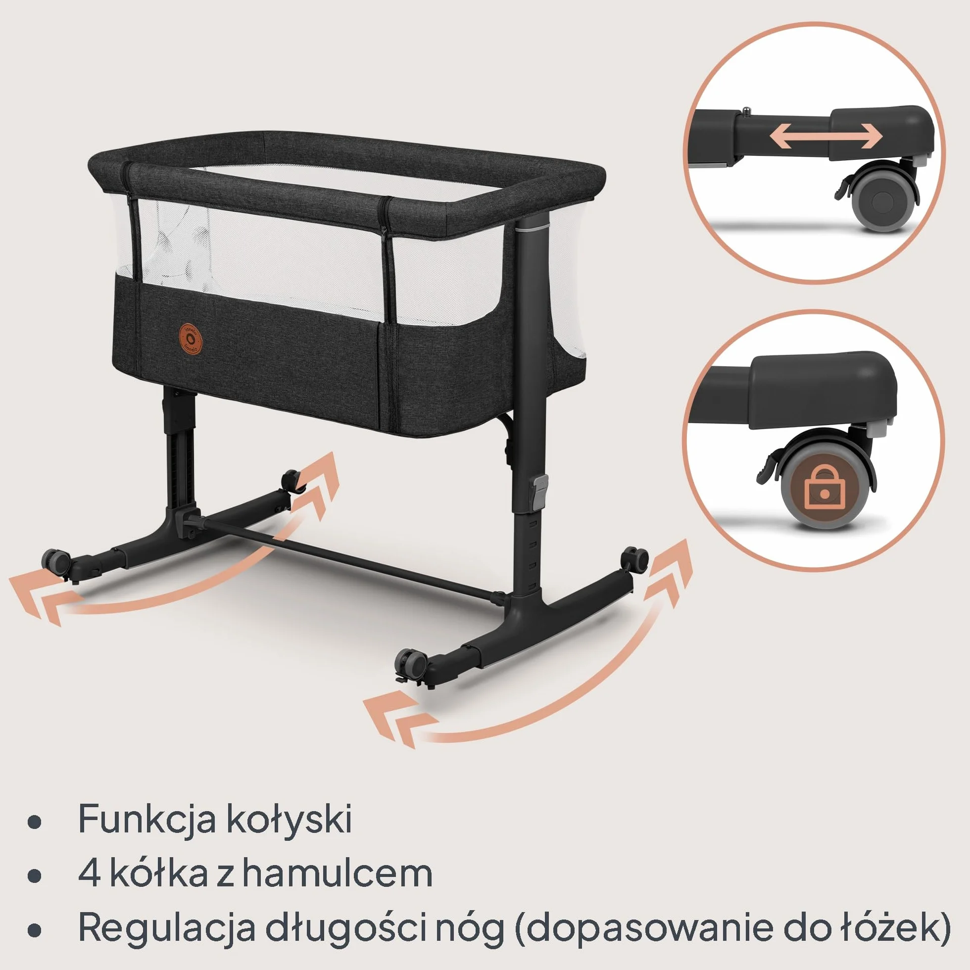 LIONELO Aurora 3 w 1 Łóżeczko Dziecięce do 9 kg, Łóżko Dostawne, Kołyska, Regulacja Wysokości oraz Kąta Nachylenia Materaca, 4 Kółka z Hamulcem Ergonomiczny Materac Torba (Grafitowy)