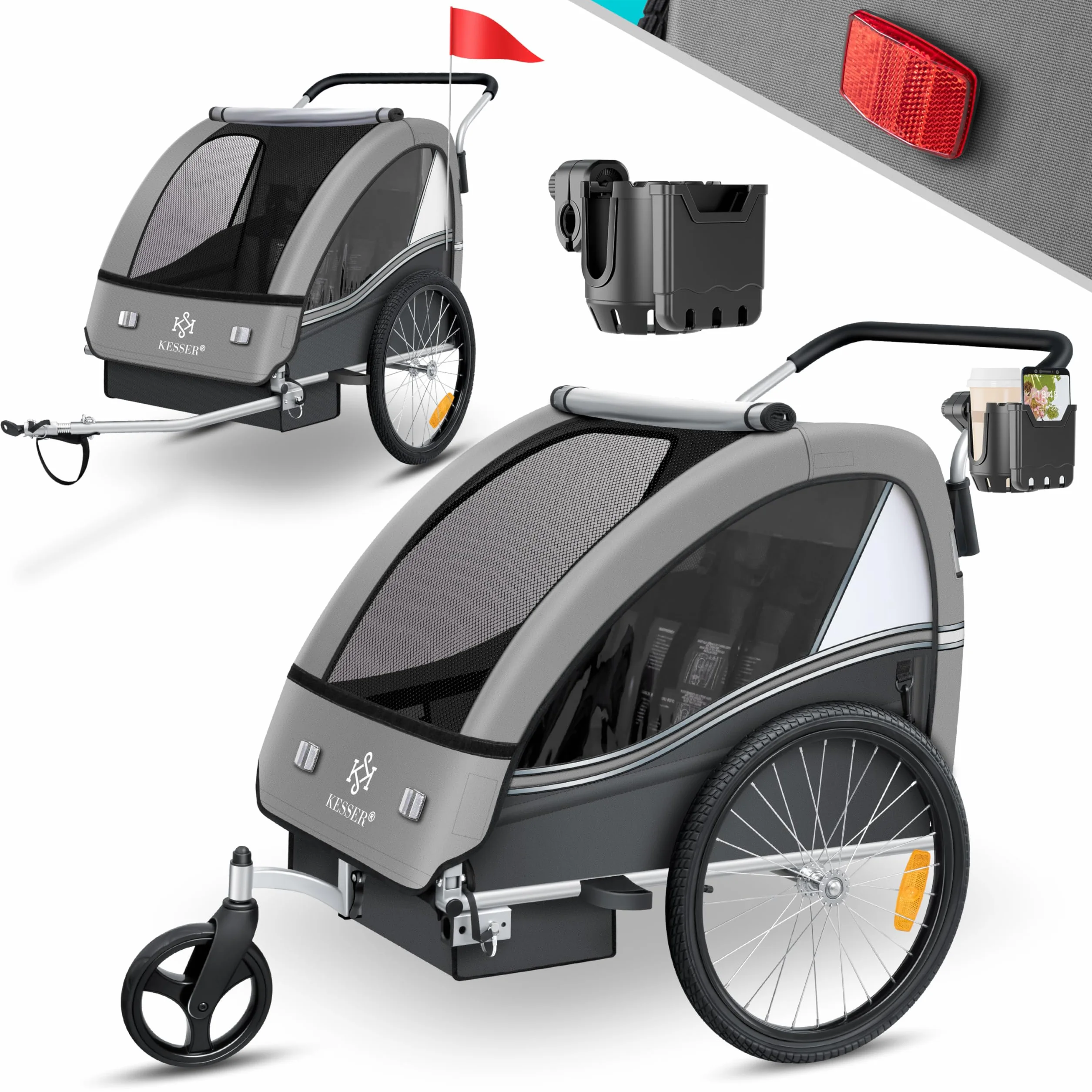 KESSER® Sport-RX 2 w 1 Przyczepka rowerowa dla dzieci, z funkcją jogger, 5-punktowy pas bezpieczeństwa, przednie koło obracane o 360º, spacerówka, dla 1-2 dzieci, maks. 40 kg