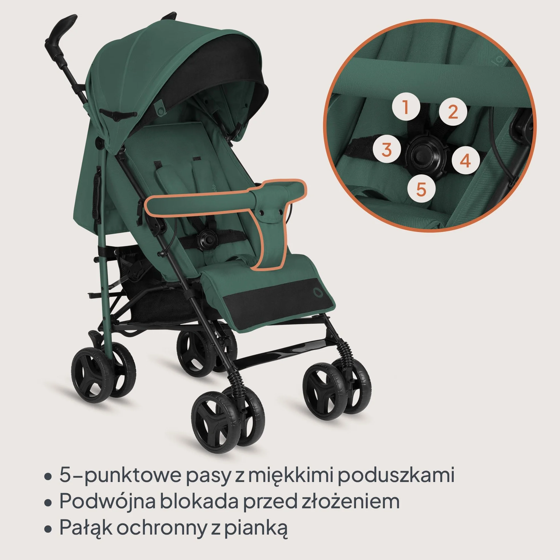 Lionelo Irma Wózek dziecięcy od 6 miesięcy, lekki 7 kg, pozycja leżąca, składany, z systemem składania jedną ręką, koła EVA 6" z amortyzacją i hamulcem, moskitiera, do 15 kg