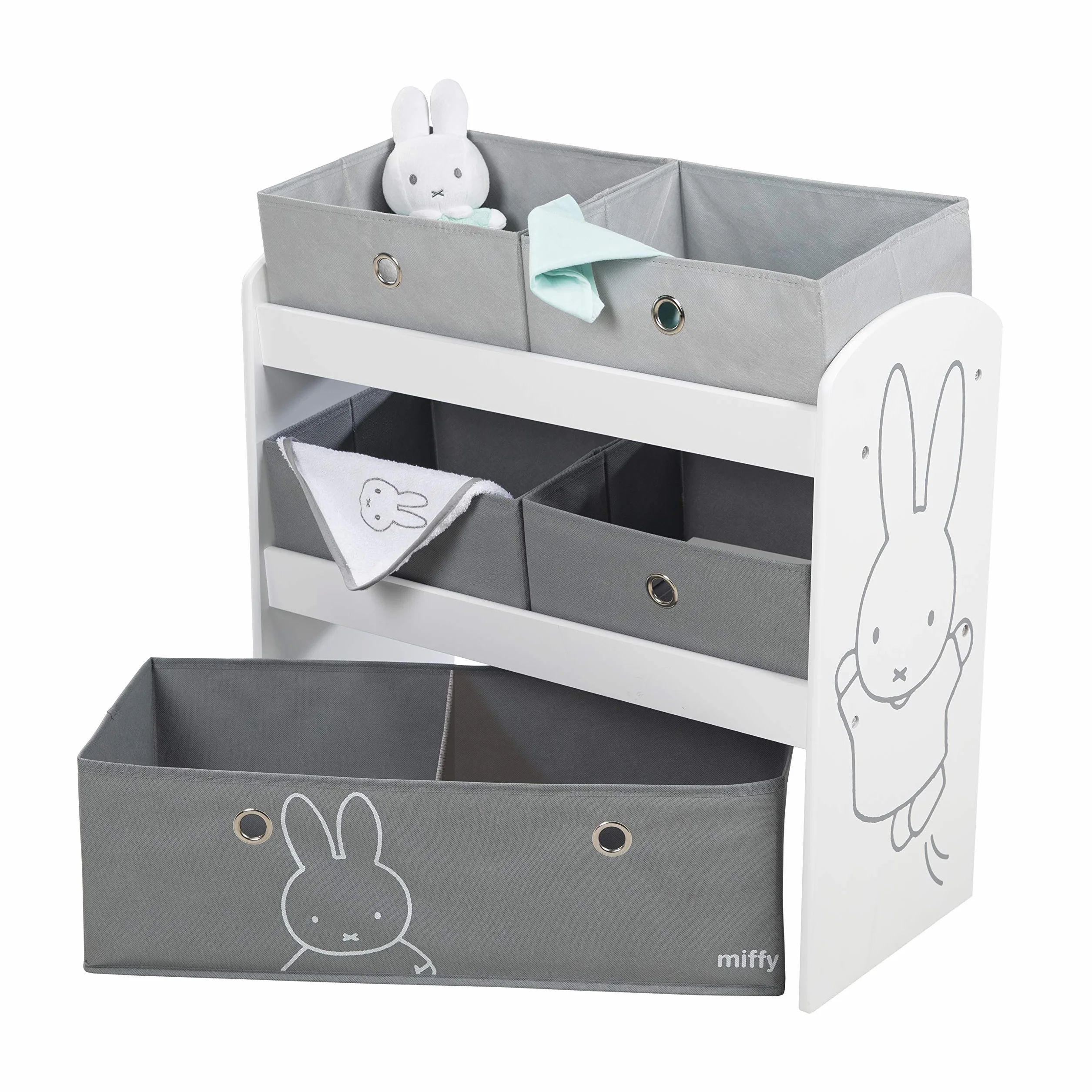 roba Półka na zabawki miffy - Regał na zabawki do pokoju dziecięcego z 5 szarymi pojemnikami z tkaniny - Motyw zająca - Półka na przechowywanie dla dziewczynek i chłopców - Drewno białe