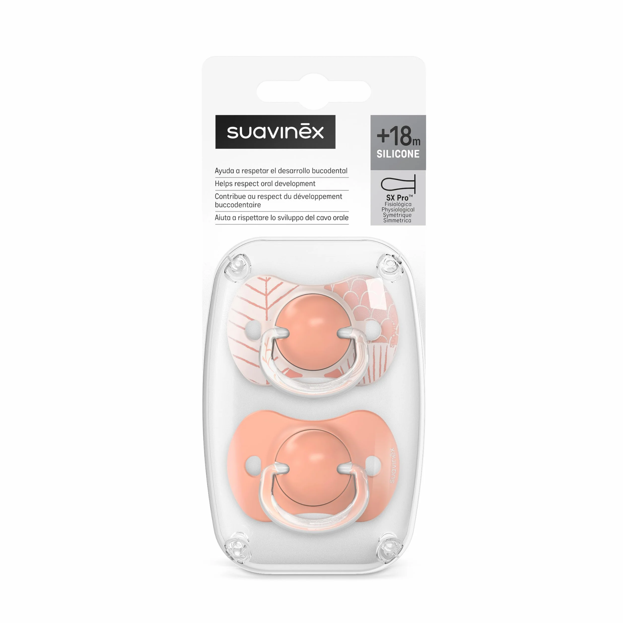 Suavinex SX Pro Smoczek, symetryczny silikonowy smoczek, dla dzieci od 18 miesięcy, płaski i elastyczny daszek, różowe Dreams, 2 szt