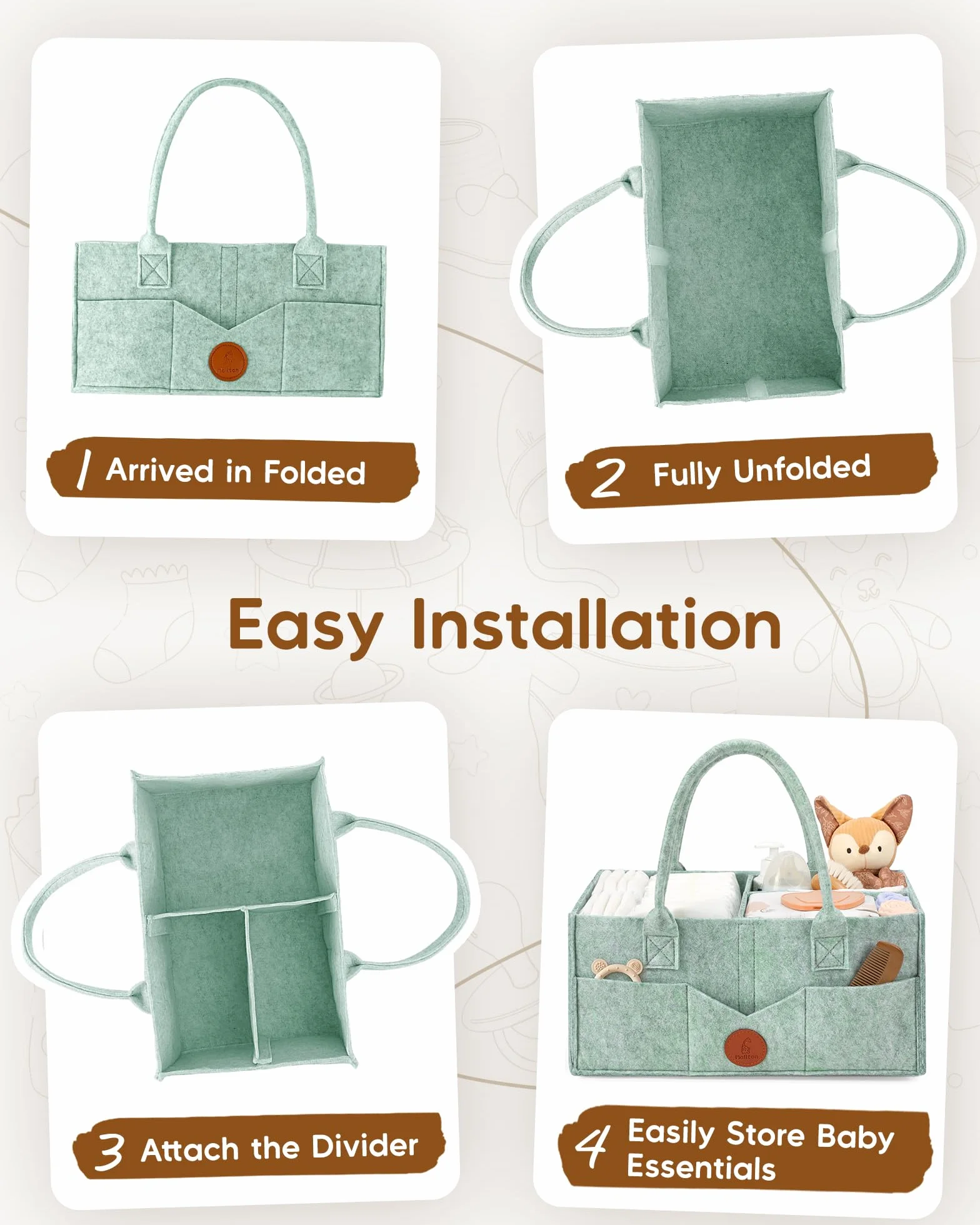 Maliton Organizer na pieluchy dla niemowląt Caddy Newborn Essentials, wytrzymała przenośna torba filcowa, kosz do przechowywania dla niemowląt z wyjmowanymi przegródkami, torba na pieluchy jako baby
