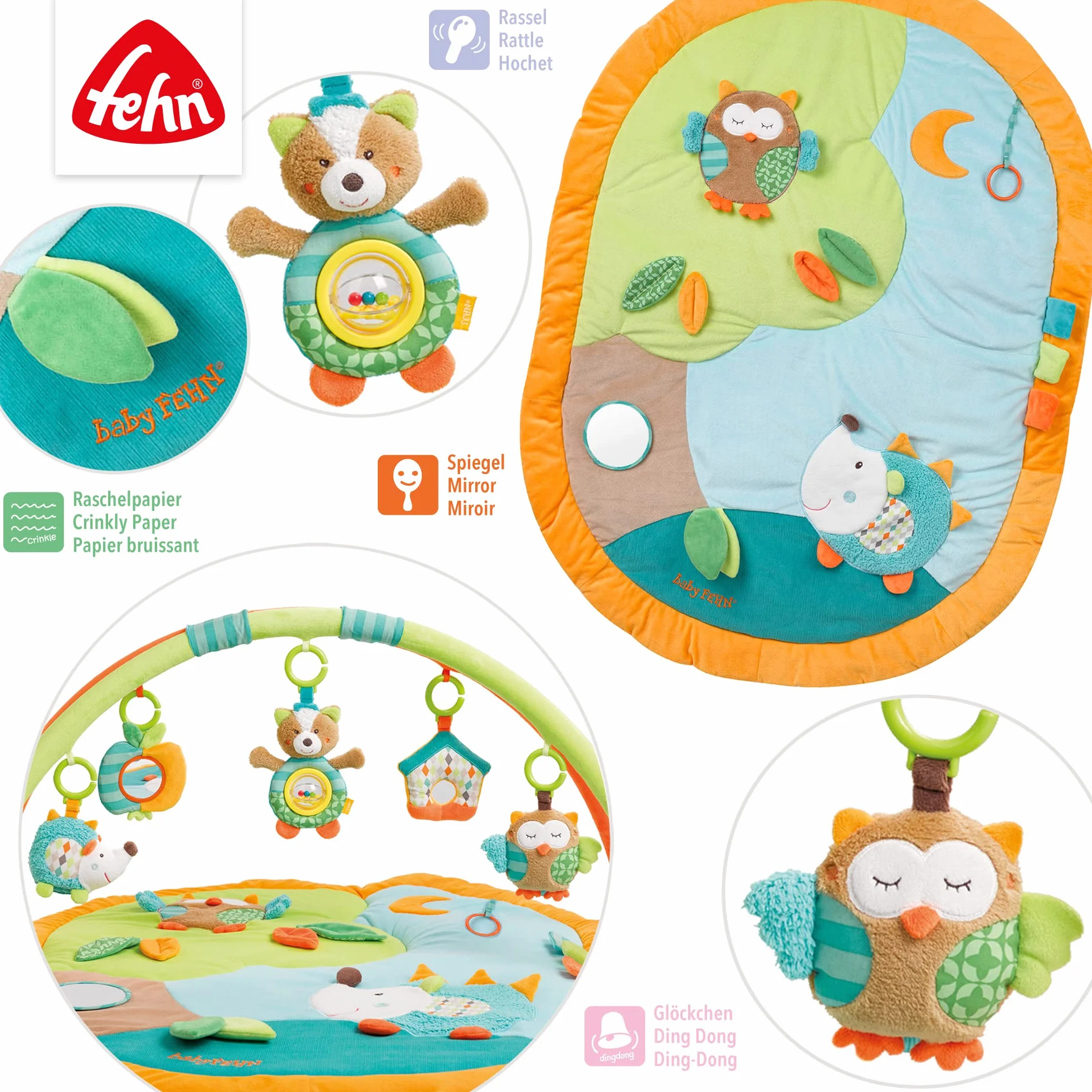 Fehn Sleeping Forest 3D Activity Blanket Play Arch - Baby Crawling Mat z 5 wymiennymi zabawkami do uchwytu - Mata do zabawy dla niemowląt i dzieci od 0+ miesięcy - Crawling Mat jako prezent urodzenia