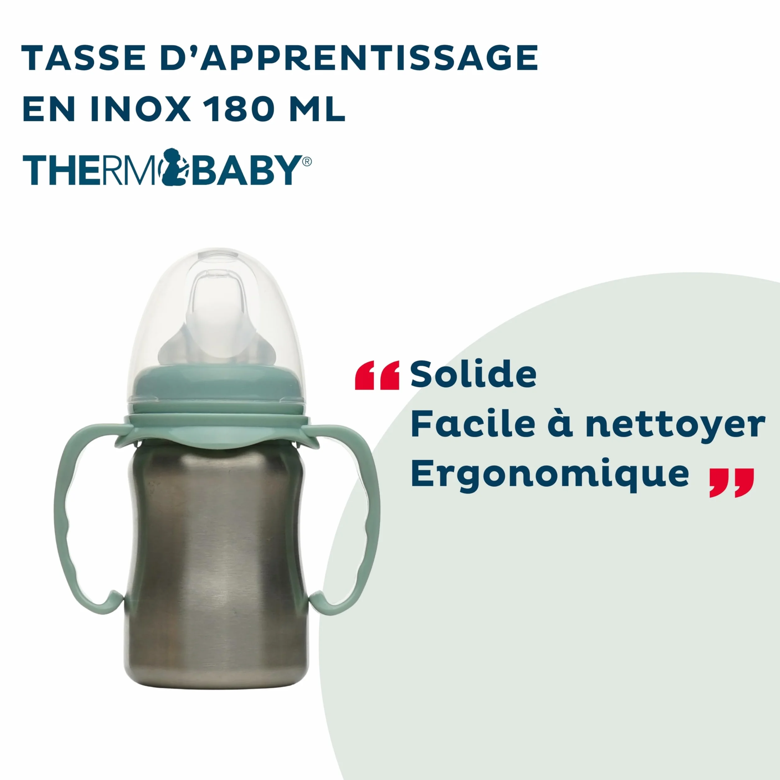 THERMOBABY - Kubek ze stali nierdzewnej dla niemowląt z uchwytami i silikonowym smoczkiem - zapobiegający przeciekaniu - 180 ml - łatwy do czyszczenia - trwały - idealny do pracy dziecka - zielony