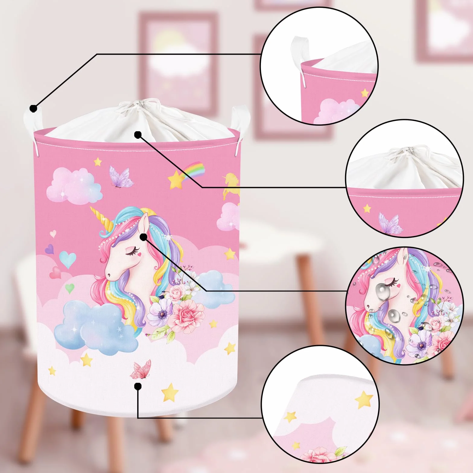 Clastyle 45L Kosze Pościel Jednorożec Rainbow Chmura Księżyc Gwiazdy Kwiat Kosz Zabawki Różowy Okrągły Okrągły Składany do Pokoju Dziecięcego, 36x45 cm, CTS0186