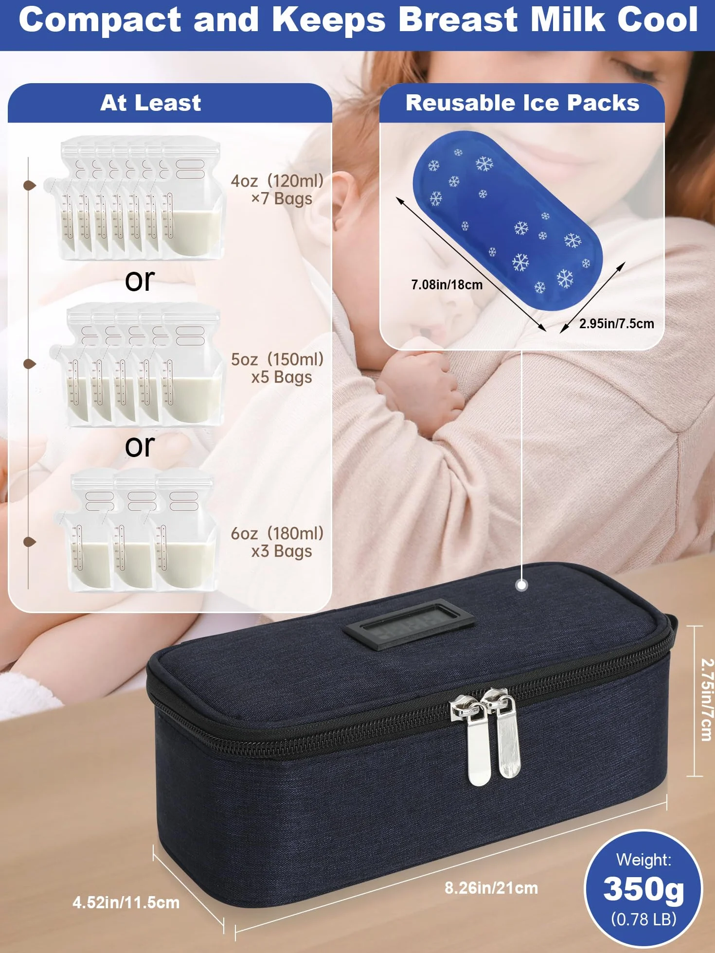 YOUSHARES Torba chłodząca do mleka matki – torba podróżna z 2 opakowaniami na lód, do przechowywania mleka matki do karmienia piersią, granatowy, 21x11.5x7cm (8.27x 4.53x 2.76inch), Torba termiczna