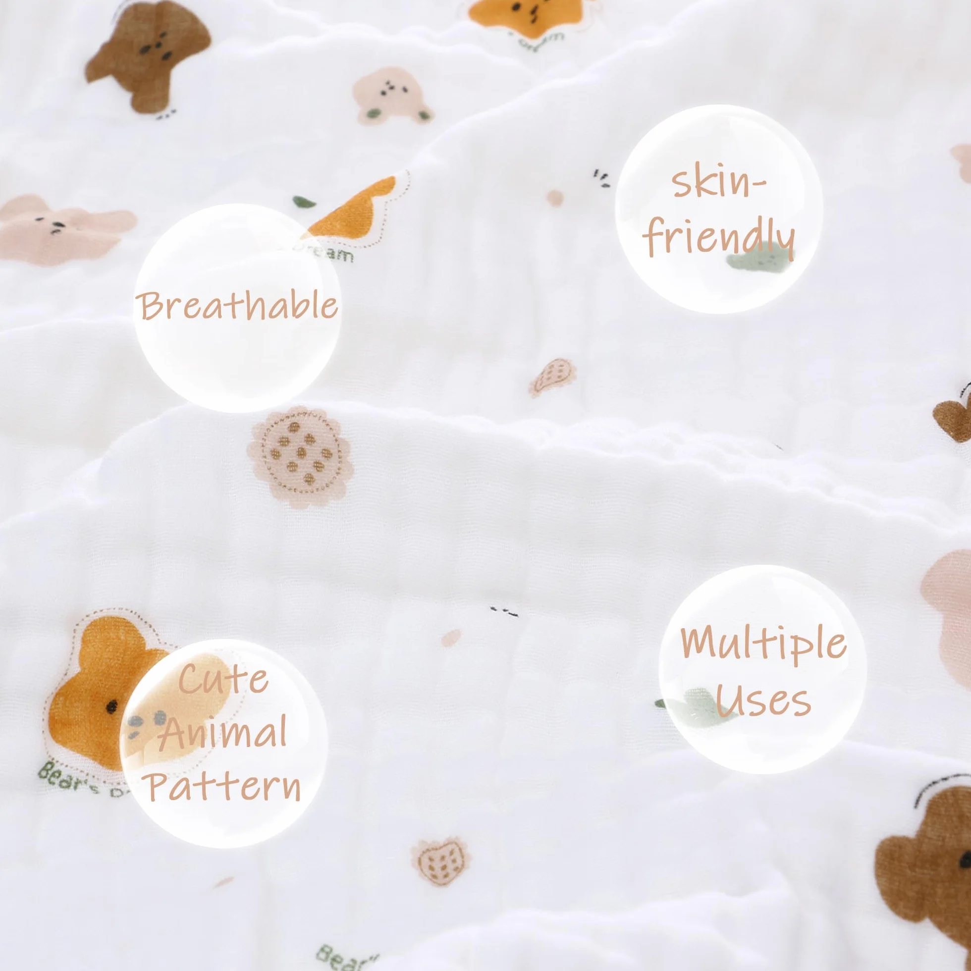 Miracle Baby Musselin Kocyk dziecięcy dla niemowląt, 6-warstwowy, bawełna, miękki, oddychający, do przewijania, dla dziewcząt i chłopców, 110 x 110 cm (miś z kreskówki)