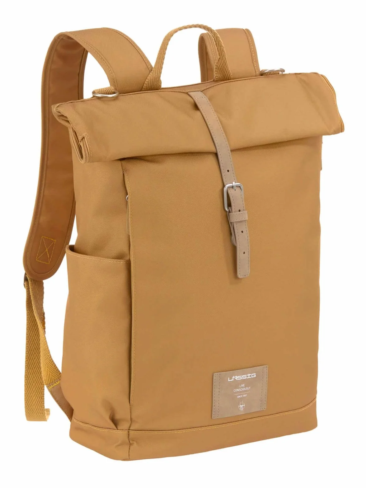 LÄSSIG Torba do przewijania, podkładka do przewijania, mocowanie do wózka dziecięcego, uchwyt na butelki wyprodukowany w sposób zrównoważony/GRE Rolltop Backpack, żółty (Curry)