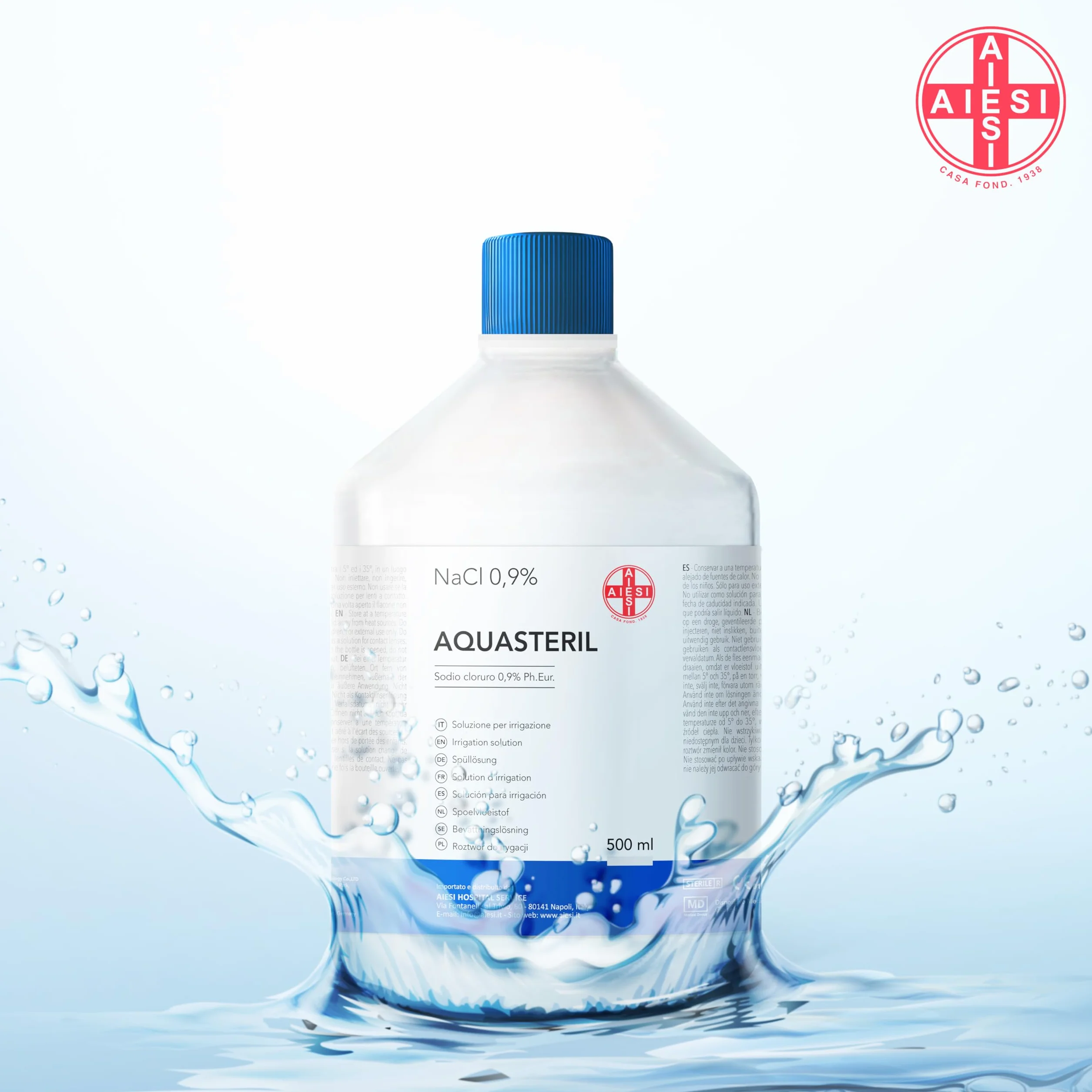 AIESI® Fizjologiczny roztwór soli fizjologicznej (10x500 ml) do płukania nosa, aerozoli i irygacji z zamykaną nakrętką AQUASTERIL, 0,9% chlorek sodu