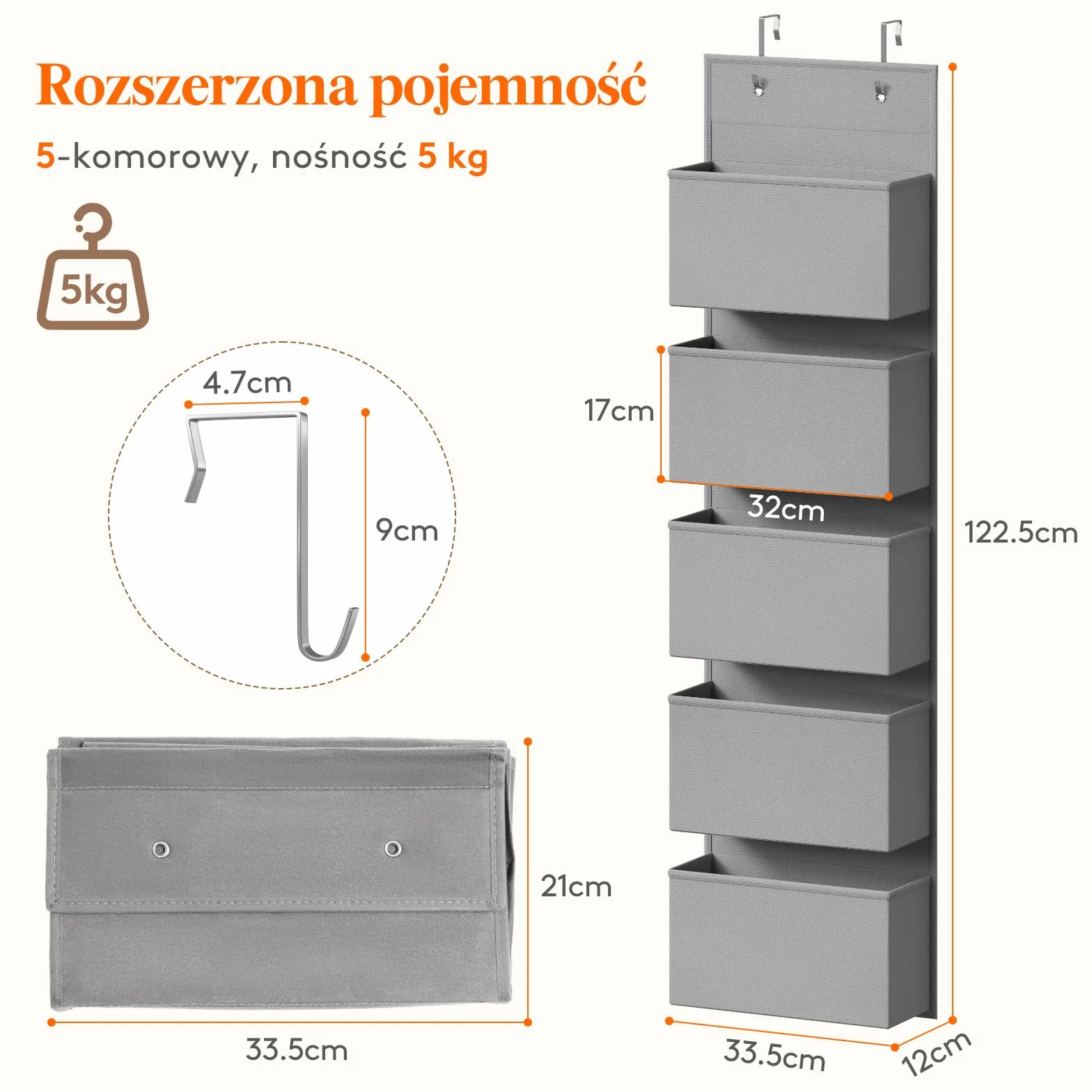Lifewit Torba wisząca za Drzwiami, z 5-Przedziałami, Wieszak na Zabawki, Załadowany 5-kilogramami, Nadaje Się do Sypialni/łazienek/Pralni/Pokoi, 12 x 33,5 x 122,5 Centymetry, Szary