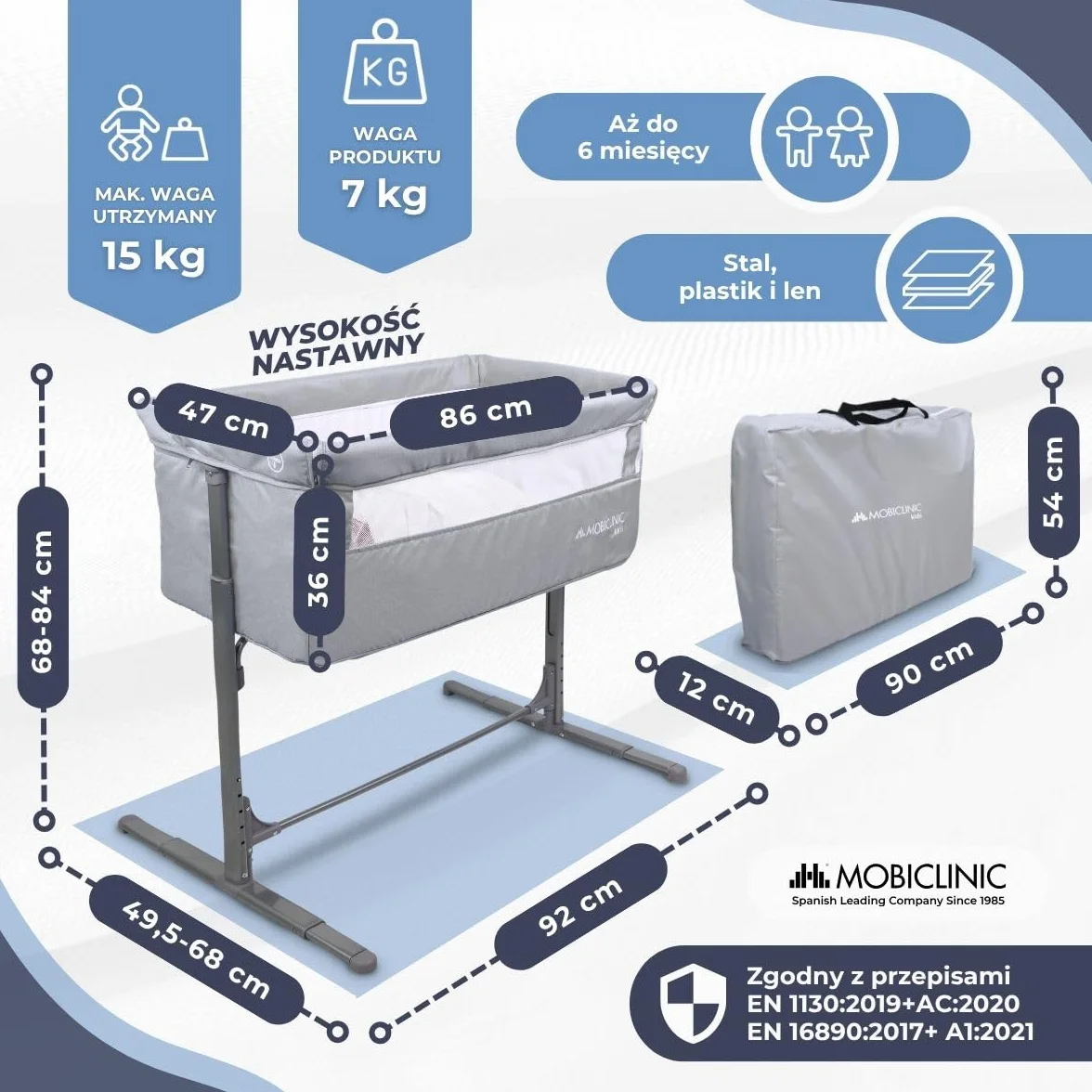 Mobiclinic®, Kołyska do wspólnego snu, Niemowlę, 2 w 1, System Mocowania łóżka, Regulowana na 5 wysokości, Torba transportowa, Zestaw zawiera koł, Oddychająca siatka, Moon