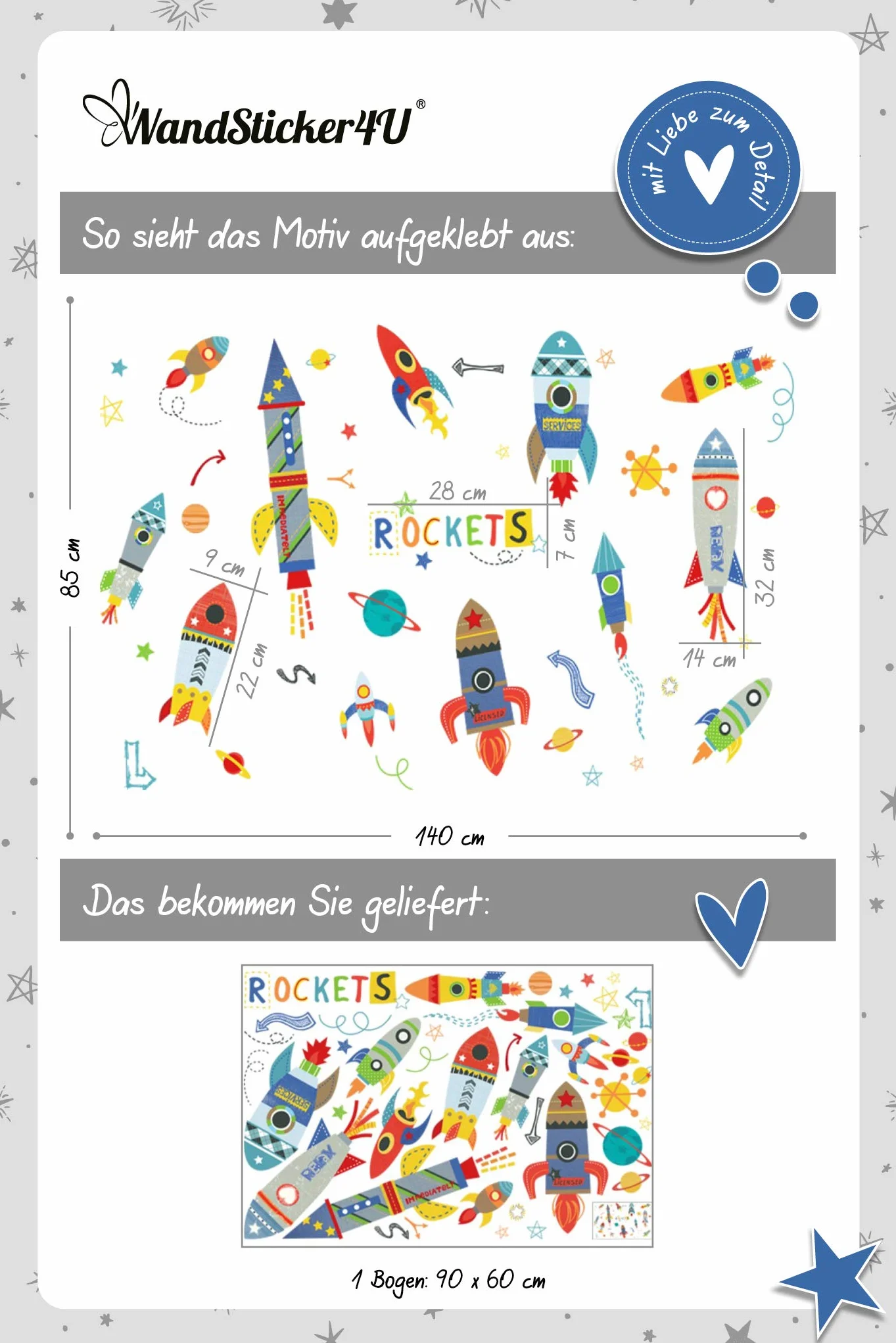 WandSticker4U® - XXL Tatuaż ścienny RAKETE Dzieci I Obrazy ścienne: 85 x 140 cm I Naklejka ścienna Pokój dziecięcy Chłopiec Kosmos Planety Naklejki Gwiazdy Statek Kosmiczny Kolorowy I Dekoracja