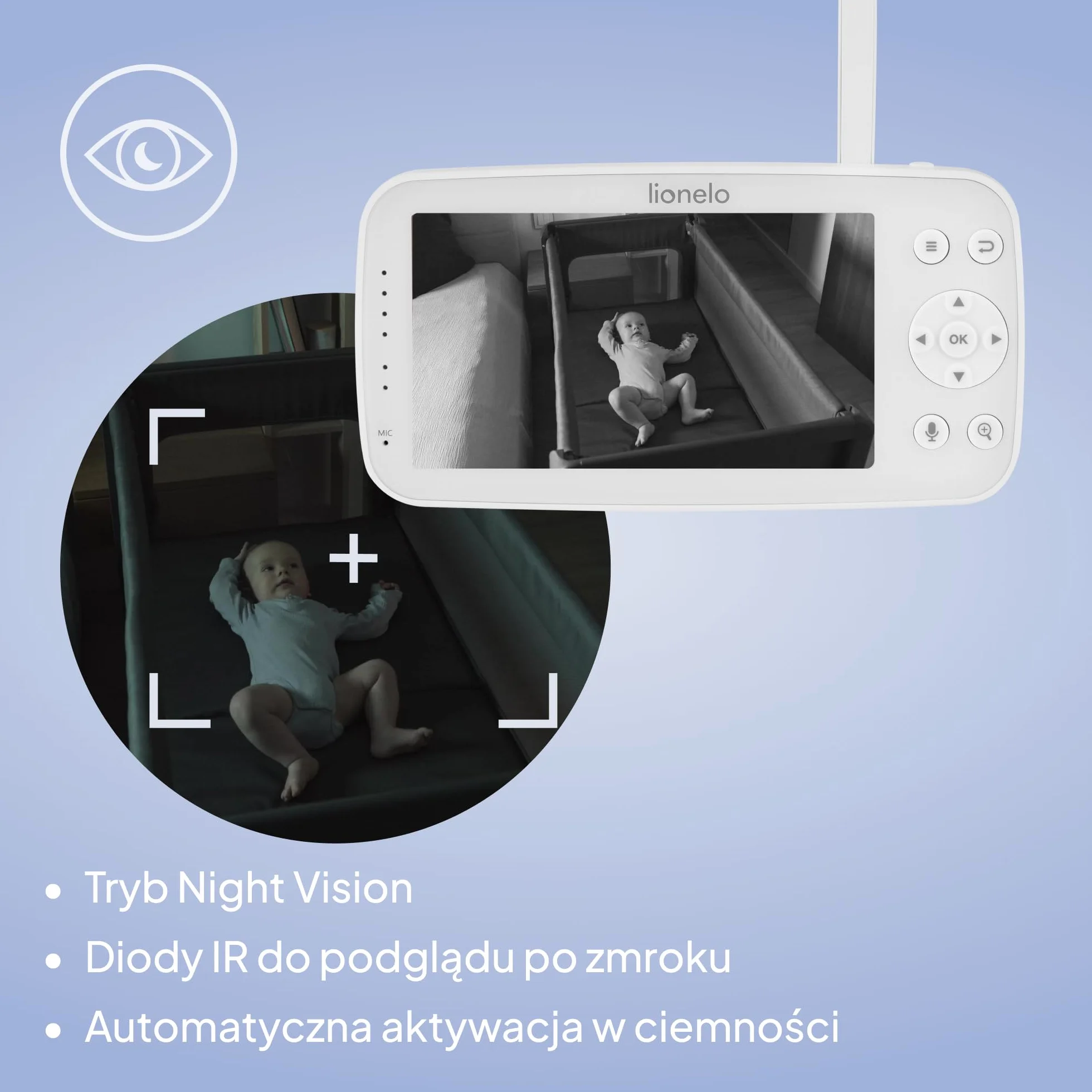 Lionelo Babyline 8.4 elektroniczna niania z kamerą i aplikacją, monitor wideo dla niemowląt z 5-calowym wyświetlaczem, Full HD 1080p, widoczność w nocy, wykrywanie ruchu i pisania, 2-drożne audio