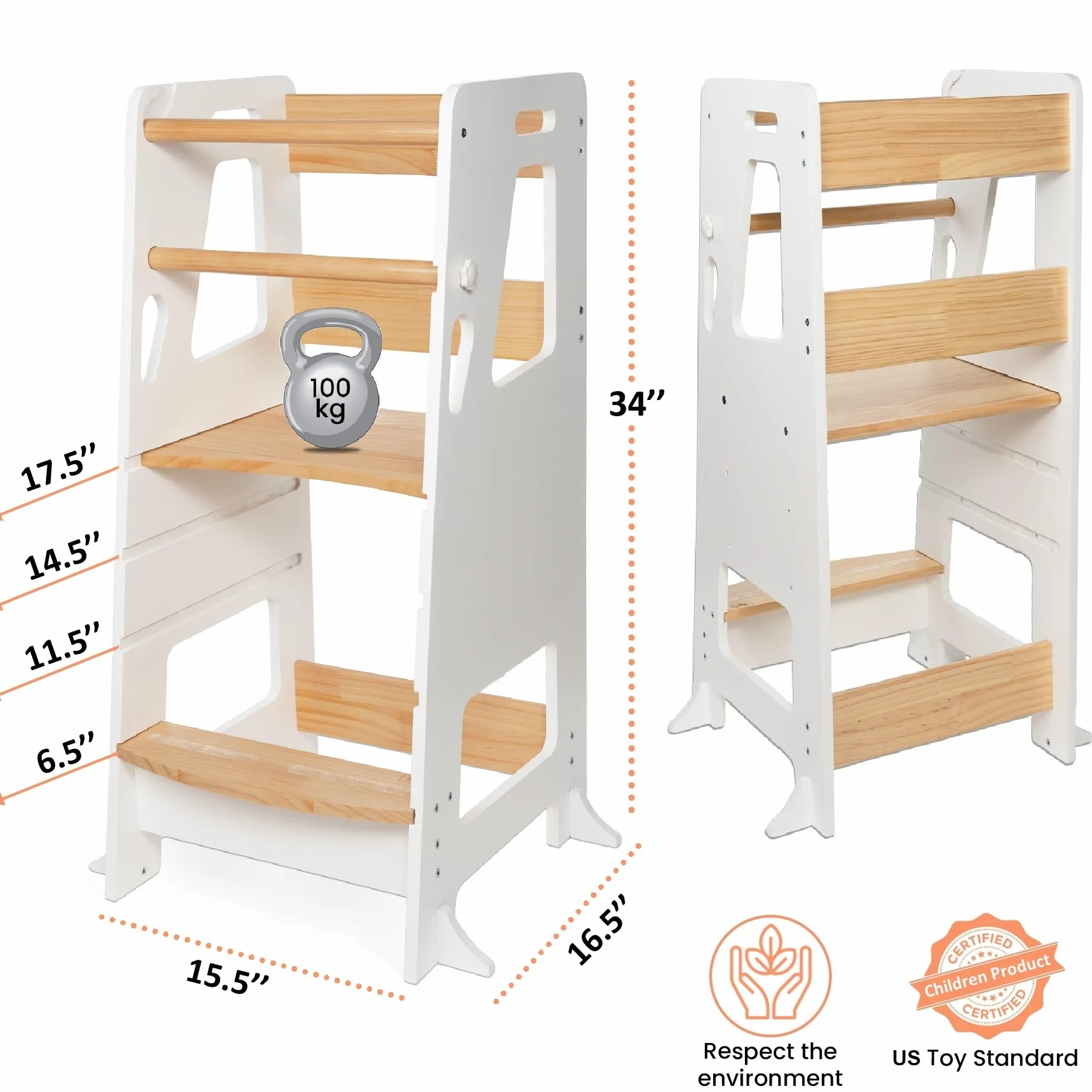 Bey&Co® Drewniana wieża edukacyjna Montessori - wieża budząca dla dzieci - 3 regulowane wysokości, powierzchnia antypoślizgowa, nóżki zapobiegające przechyleniu metodą Montessori - od 12 miesięcy