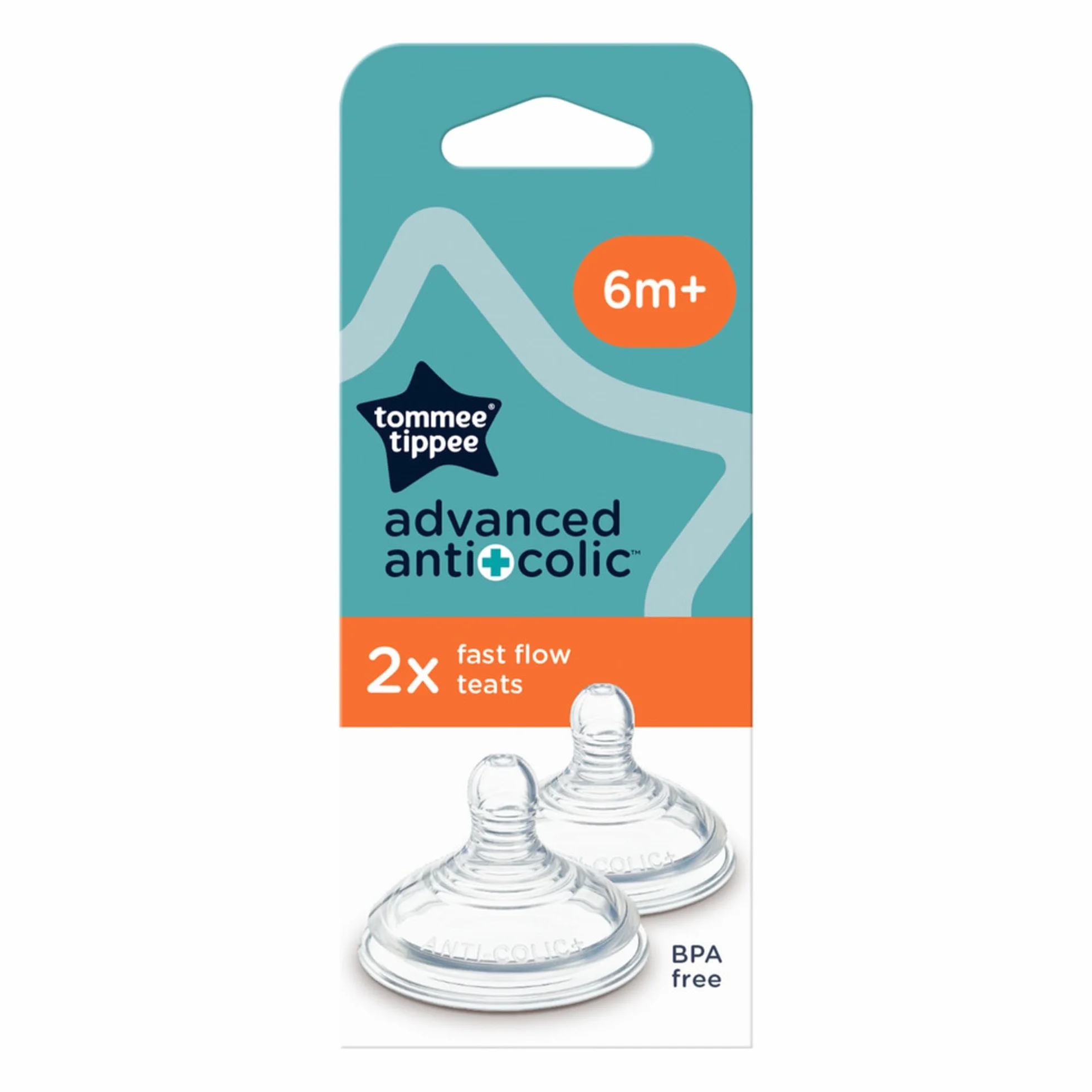 Tommee Tippee Advanced Anti-Colic ssak do butelek dla niemowląt, szybki przepływ, 6+ miesięcy, naturalne zamknięcie, zawór antykoliczny, miękki silikon, 2 sztuki