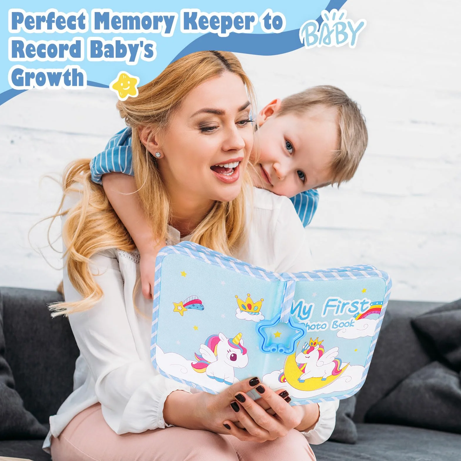 Lanpn Album na zdjęcia zawiera 17 zdjęć 10x15cm, Album Fotograficzny My First Miękka Książka Rodzinna z naklejkami na kartę z imieniem prezent na baby shower dzieci noworodki (Jednorożec, Niebieski)