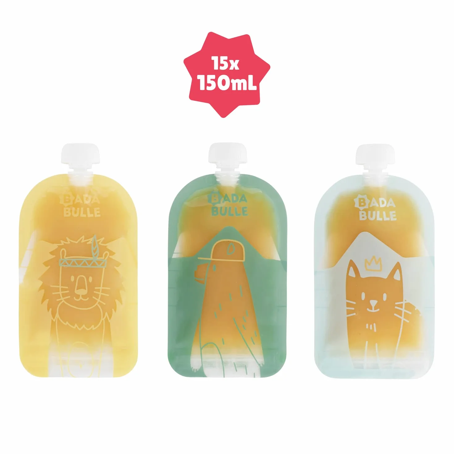 Badabulle Zestaw 15 butelek wielokrotnego użytku dla niemowląt i dzieci, 150 ml, na duszone lub puree, w 100% hermetyczne, wolne od BPA, powierzchnia wielokrotnego zapisywania dla odnotowania przepisu