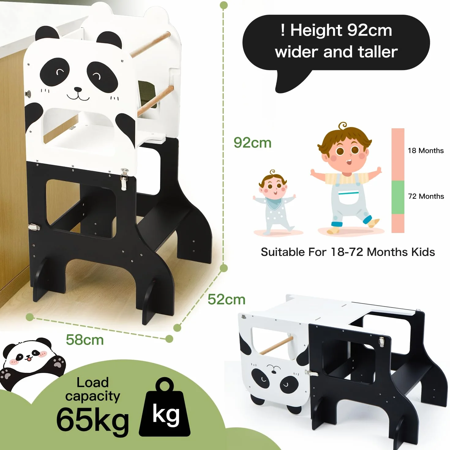 labebe Montessori Learning Tower, składana wieża edukacyjna dla dzieci, 2 w 1, z tablicami informacyjnymi, od 1 roku życia, panda