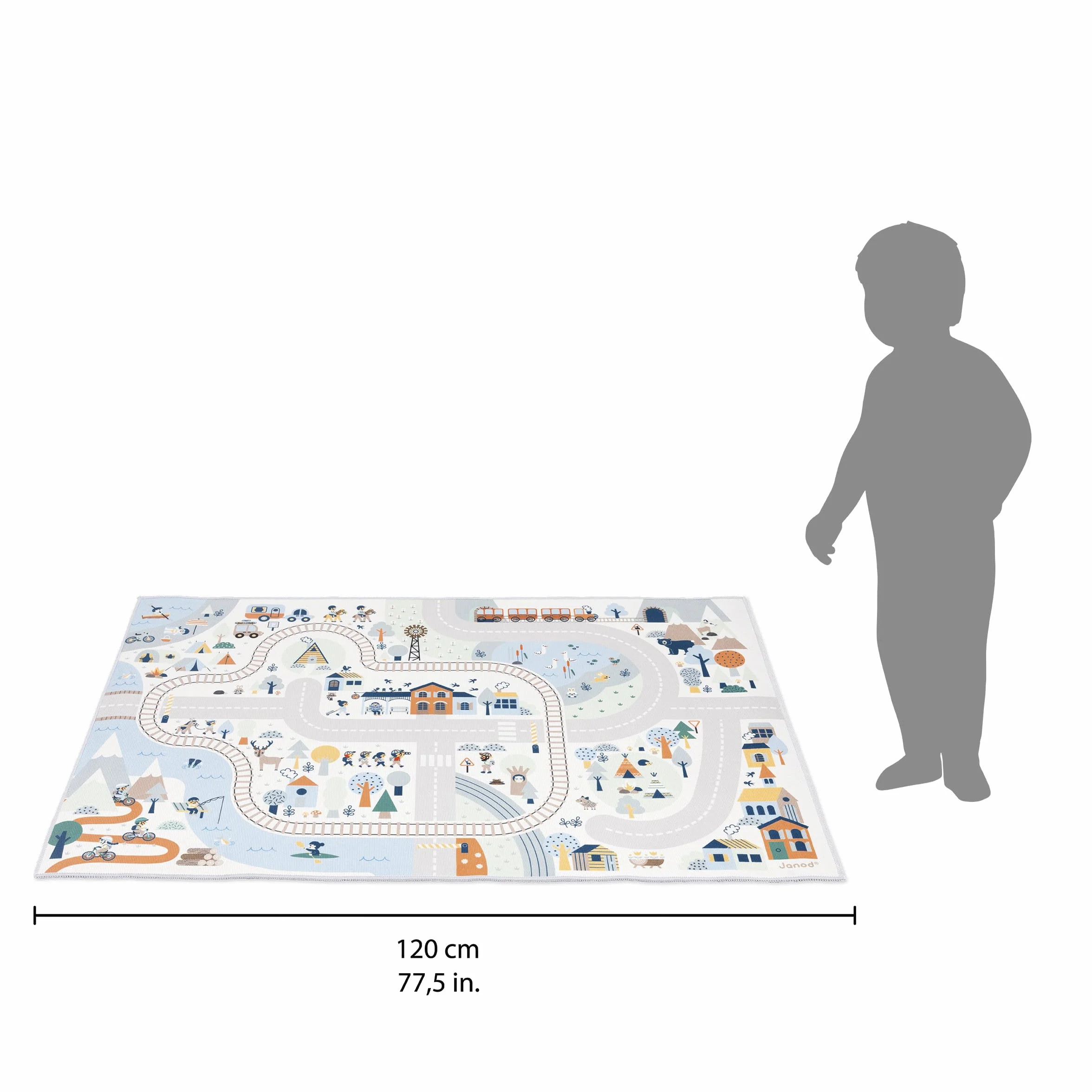 Janod Tapis Voiture Enfant - Thème Montagne Hiver - Doux & Antidérapant - Motyw Sport & Vallée - Tapis de Jeux Chambre Fille & Garçon - 120 x 78 cm - Lavable à la main - A partir de 2 ans - J05940