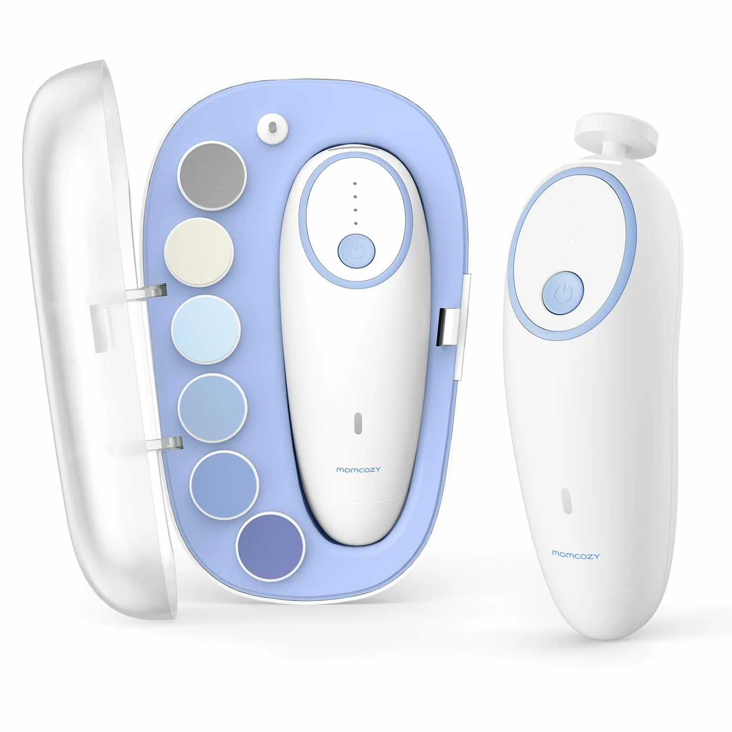 Momcozy Elektryczny pilnik do paznokci dla niemowląt, delikatny elektryczny trymer do paznokci dla dzieci, elektryczny obcinacz do paznokci dla niemowląt, 7 wymiennych główek pilnikowych, niebieski